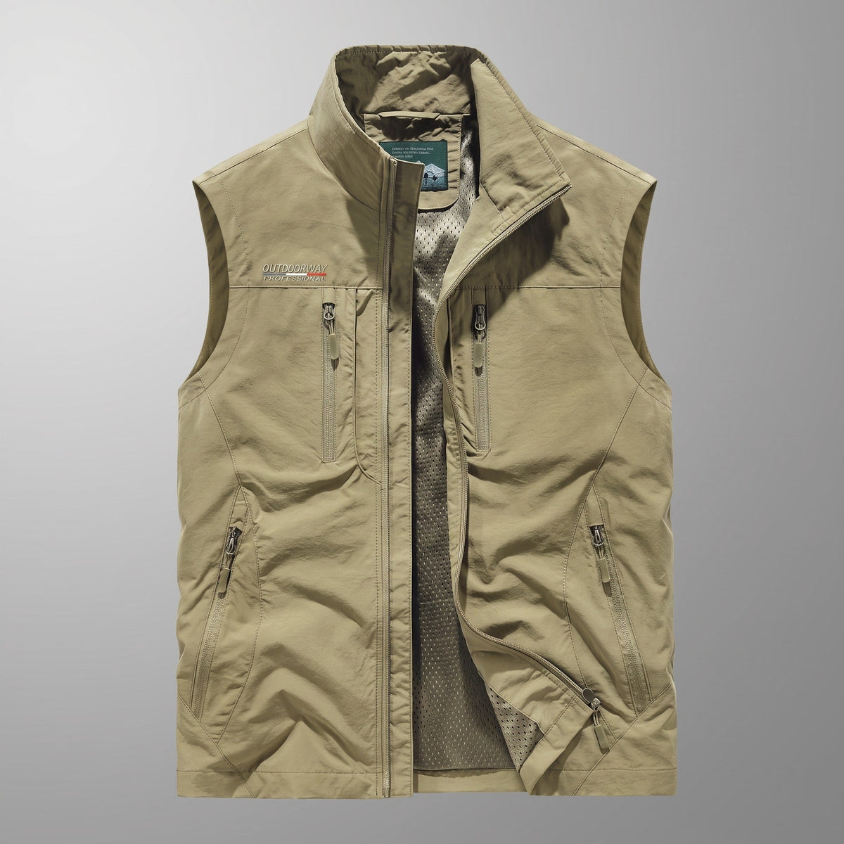 James - Men's Zip-Up Vest with Stand Collar and Multiple Pockets - Vests - Khaki - Parker&Brooks