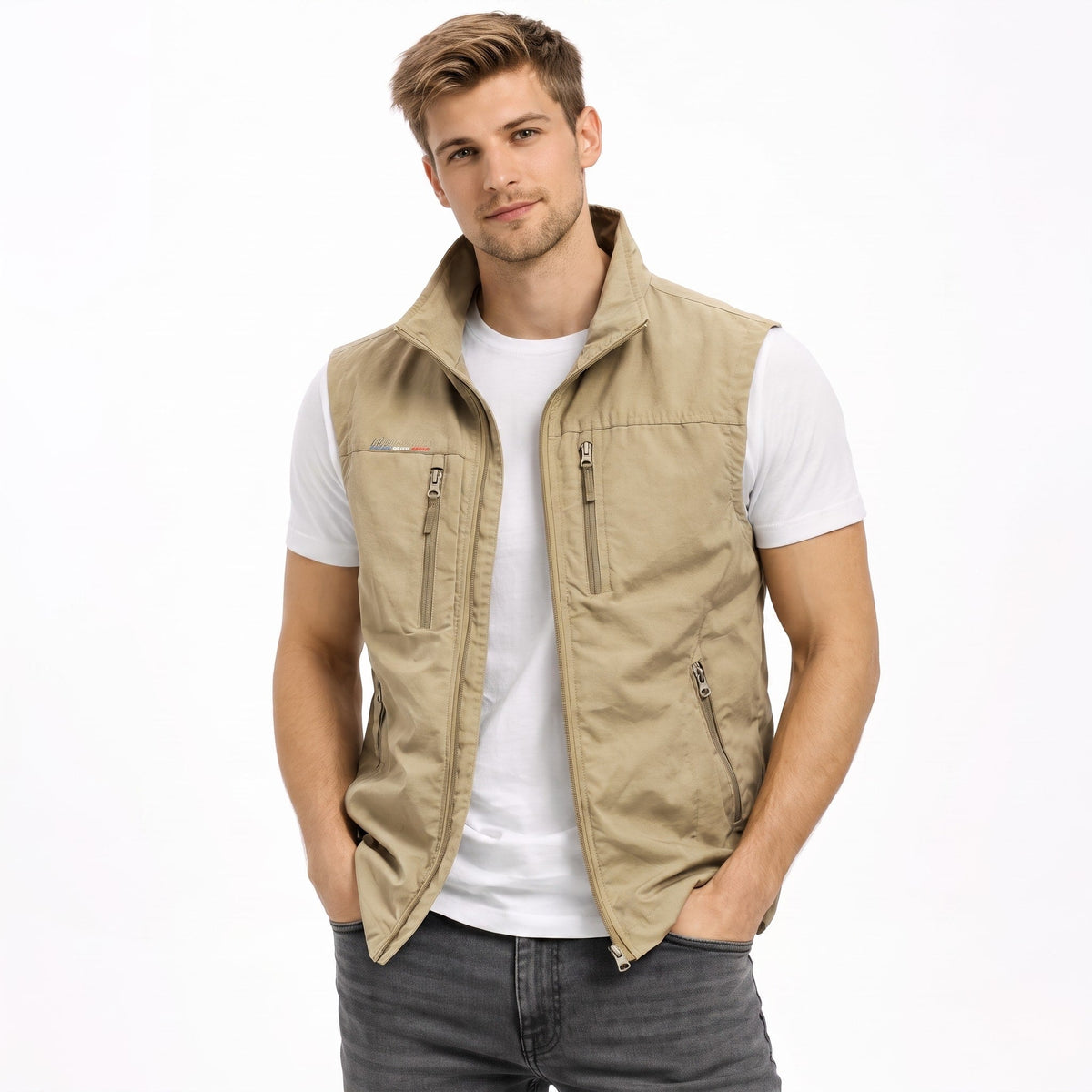 James - Men's Zip-Up Vest with Stand Collar and Multiple Pockets - Vests - Khaki - Parker&Brooks