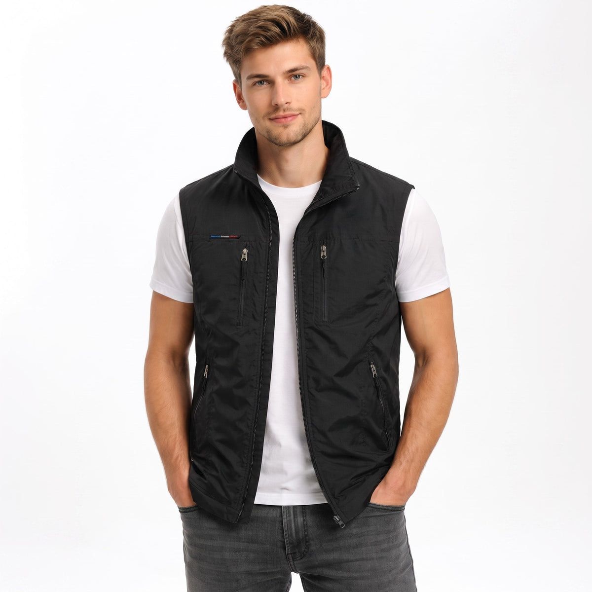 James - Men's Zip-Up Vest with Stand Collar and Multiple Pockets - Vests - Black - Parker&Brooks