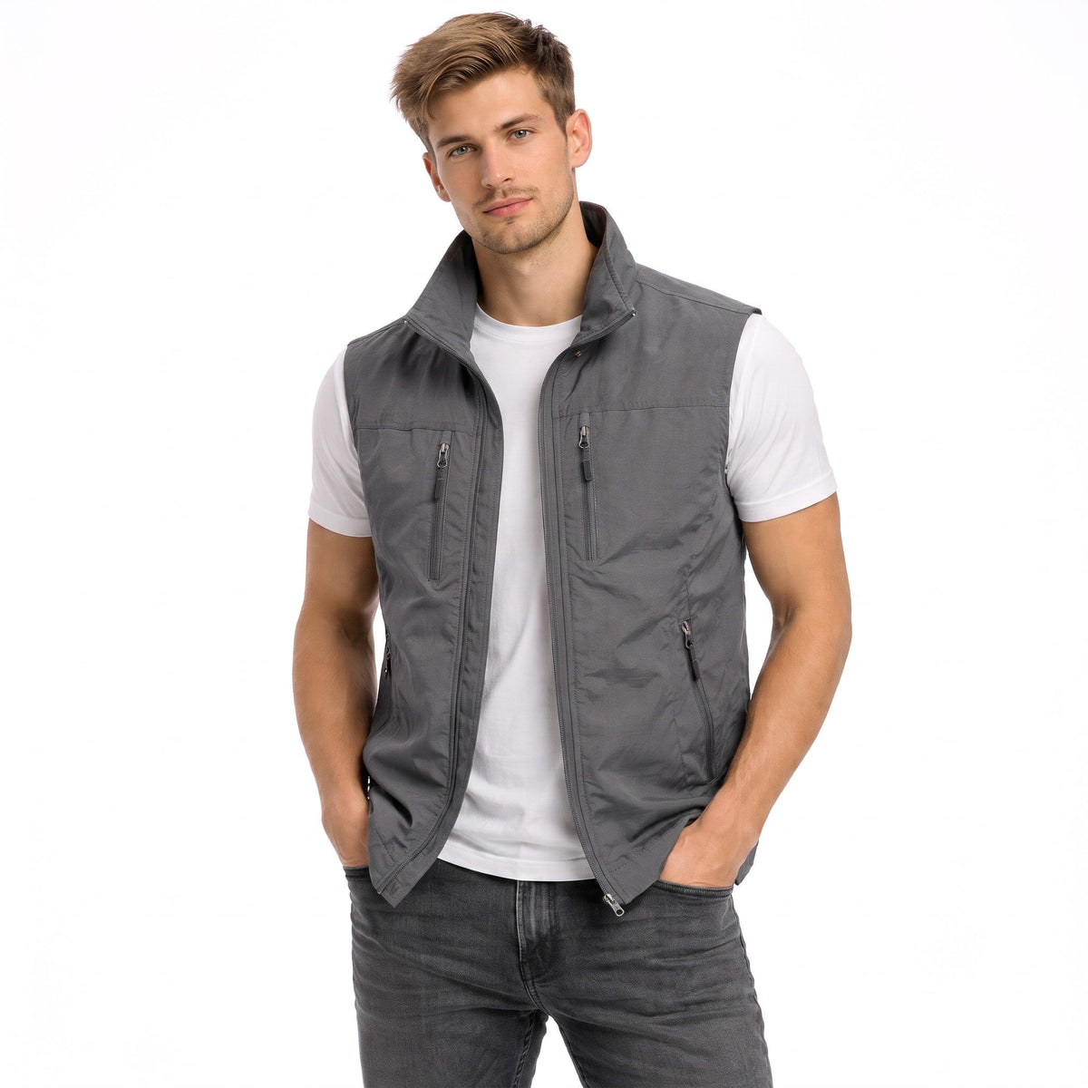 James - Men's Zip-Up Vest with Stand Collar and Multiple Pockets - Vests - Gray - Parker&Brooks