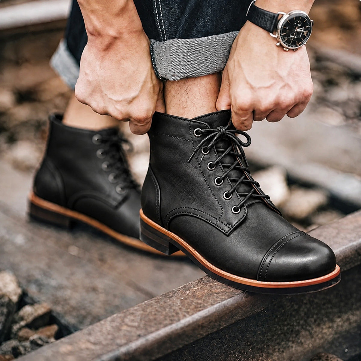 Jasper - Men's Cap Toe Lace-Up Ankle Boots with Leather Look - Boots - Black - Parker&Brooks