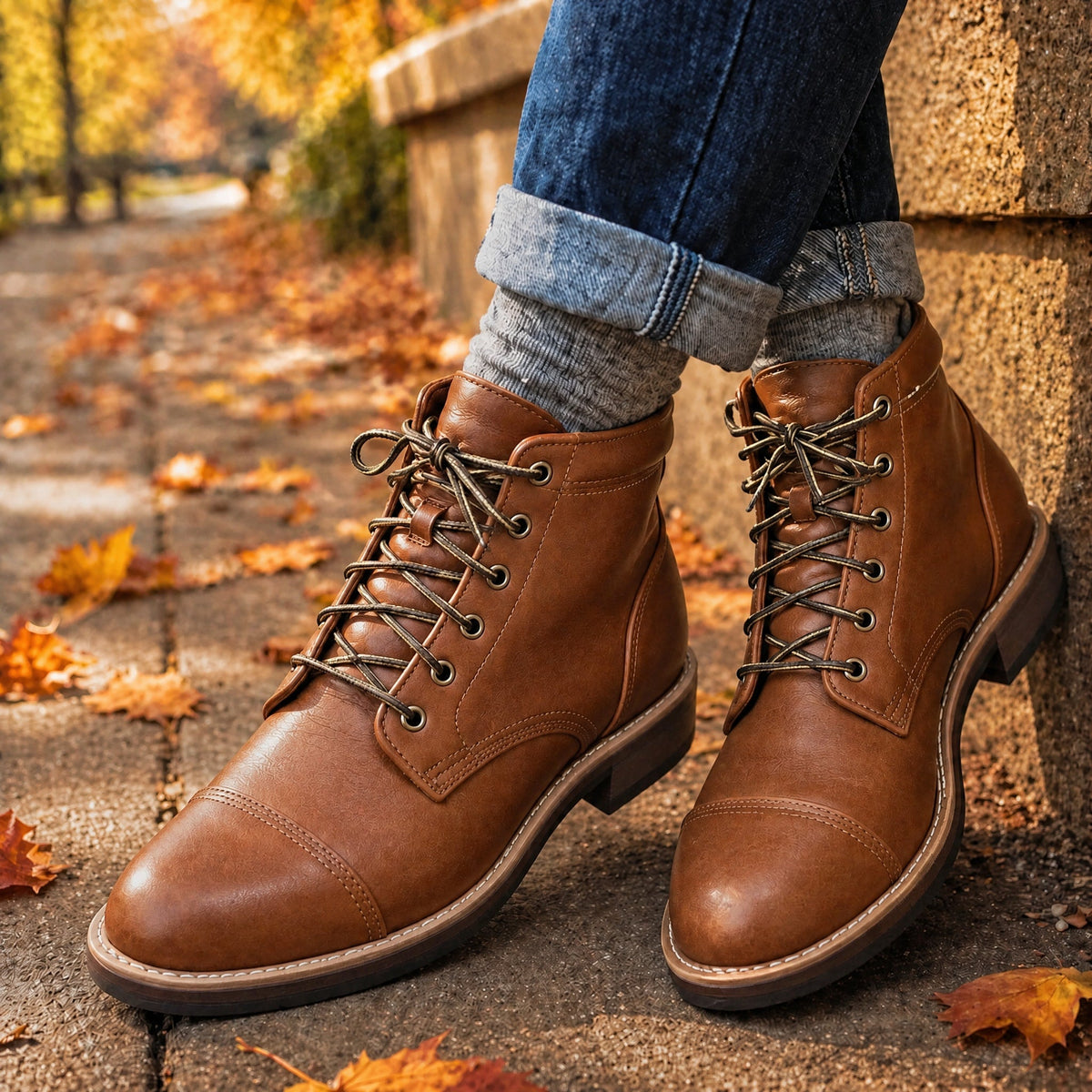 Jasper - Men's Cap Toe Lace-Up Ankle Boots with Leather Look - Boots - Brown - Parker&Brooks