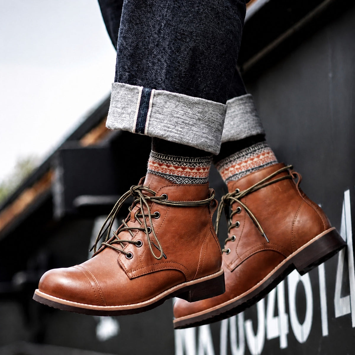 Jasper - Men's Cap Toe Lace-Up Ankle Boots with Leather Look - Boots - Brown - Parker&Brooks