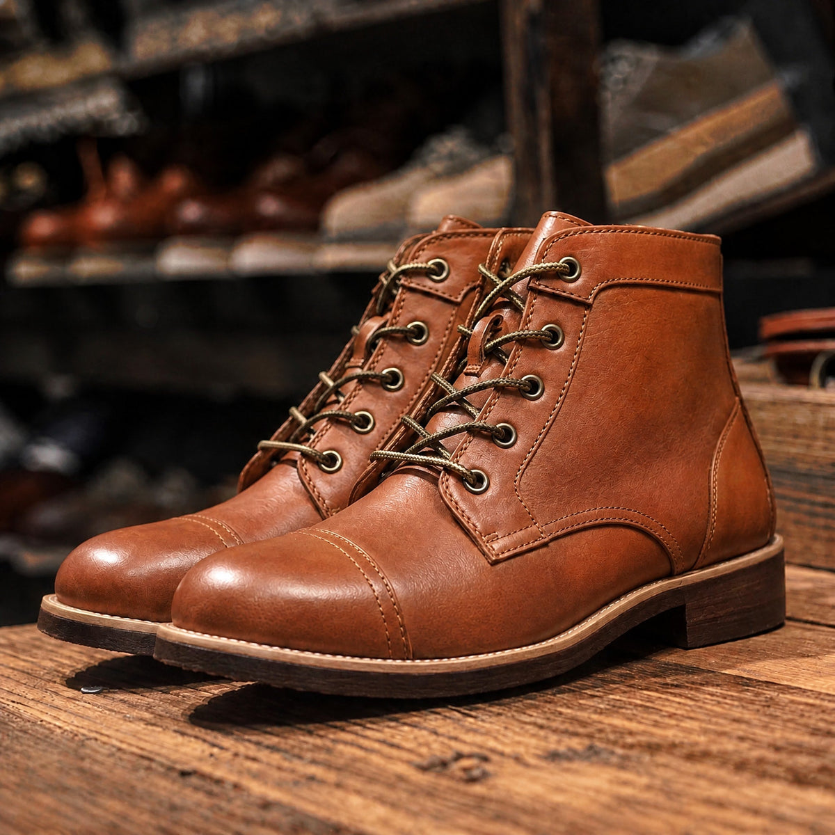 Jasper - Men's Cap Toe Lace-Up Ankle Boots with Leather Look - Boots - Brown - Parker&Brooks