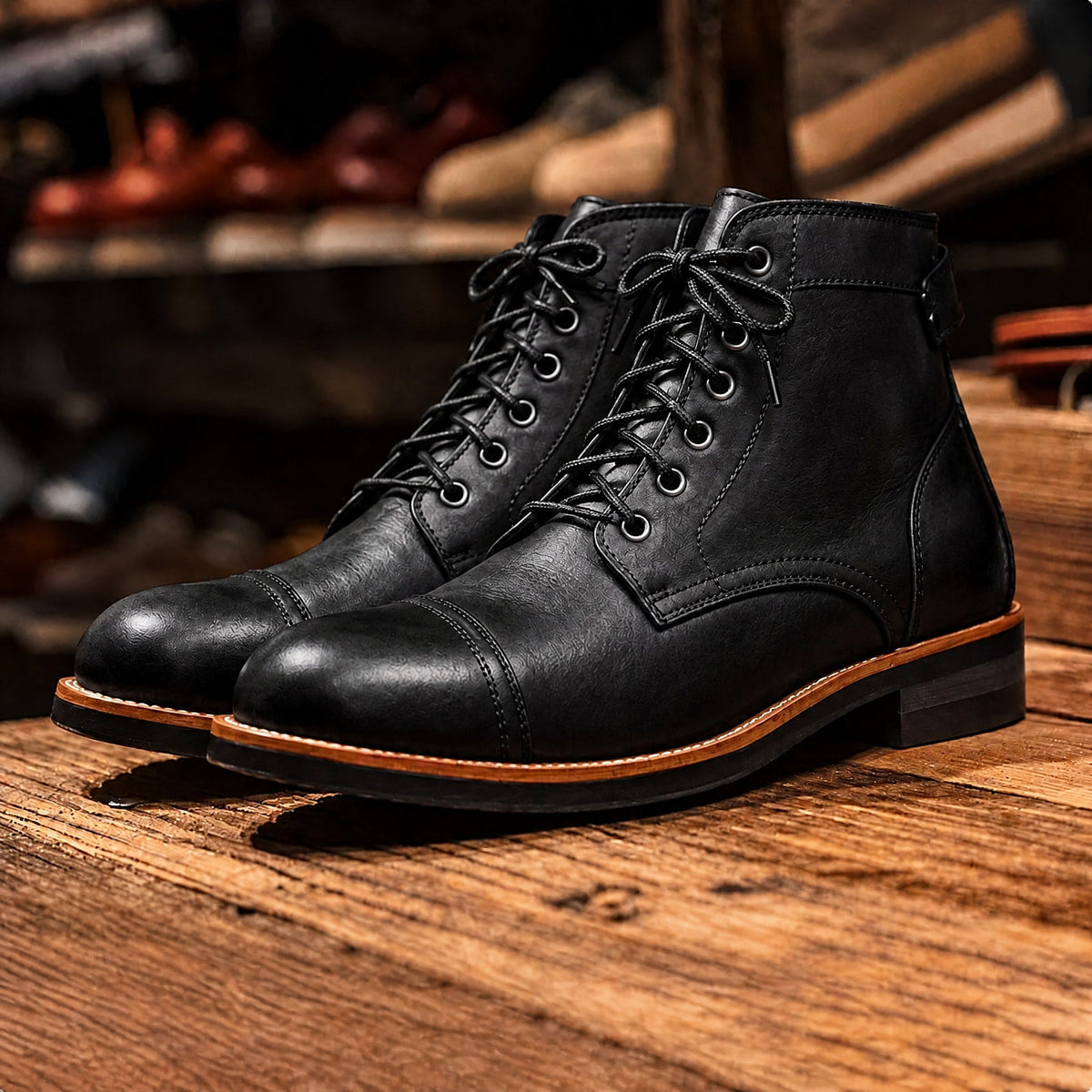 Jasper - Men's Cap Toe Lace-Up Ankle Boots with Leather Look - Boots - Black - Parker&Brooks