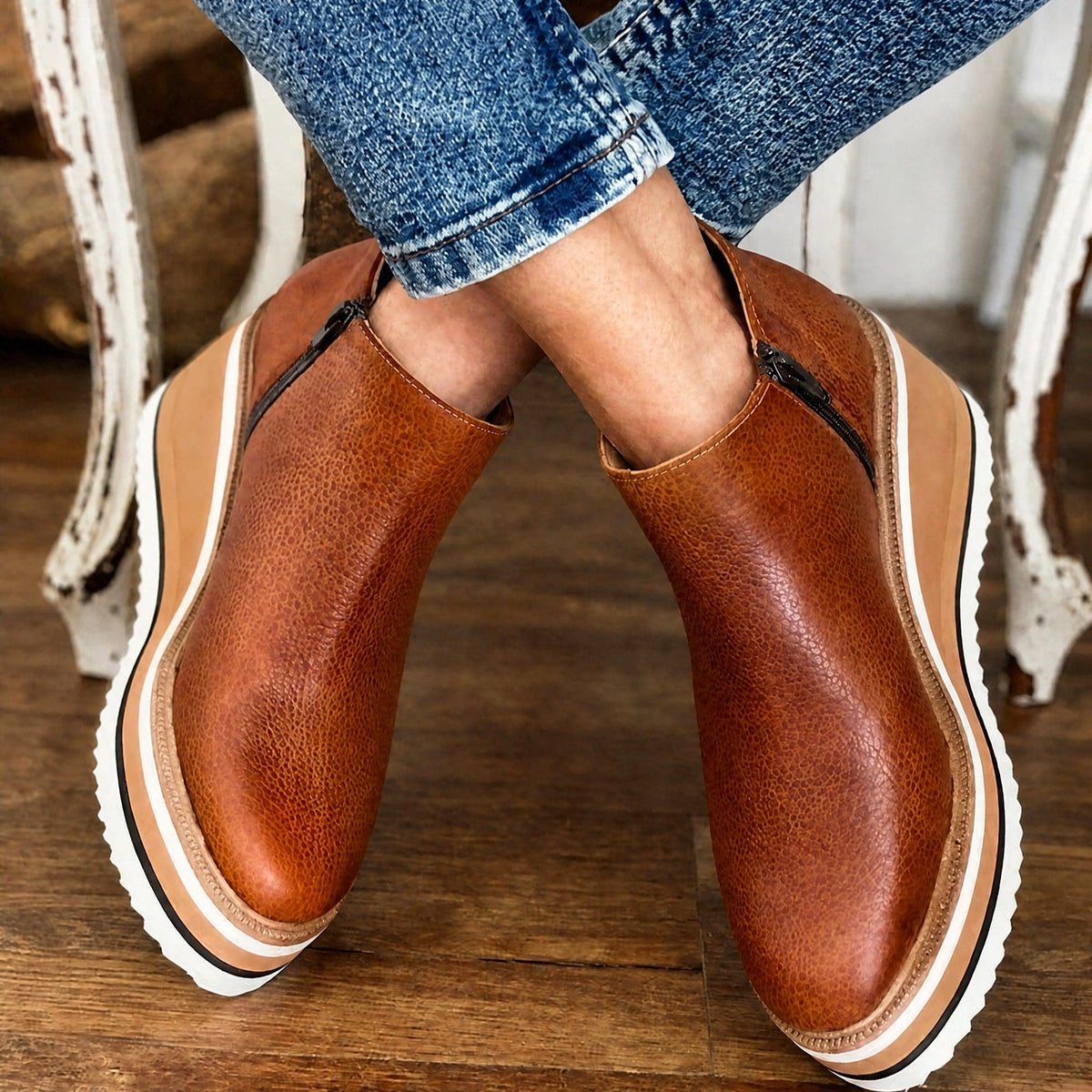 Jeanne - Women's Wedge Platform Ankle Boots with Side Zipper - Boots - Brown - Parker&Brooks