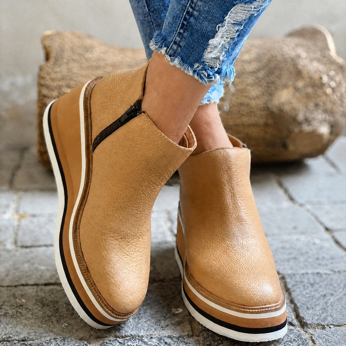 Jeanne - Women's Wedge Platform Ankle Boots with Side Zipper - Boots - Beige - Parker&Brooks