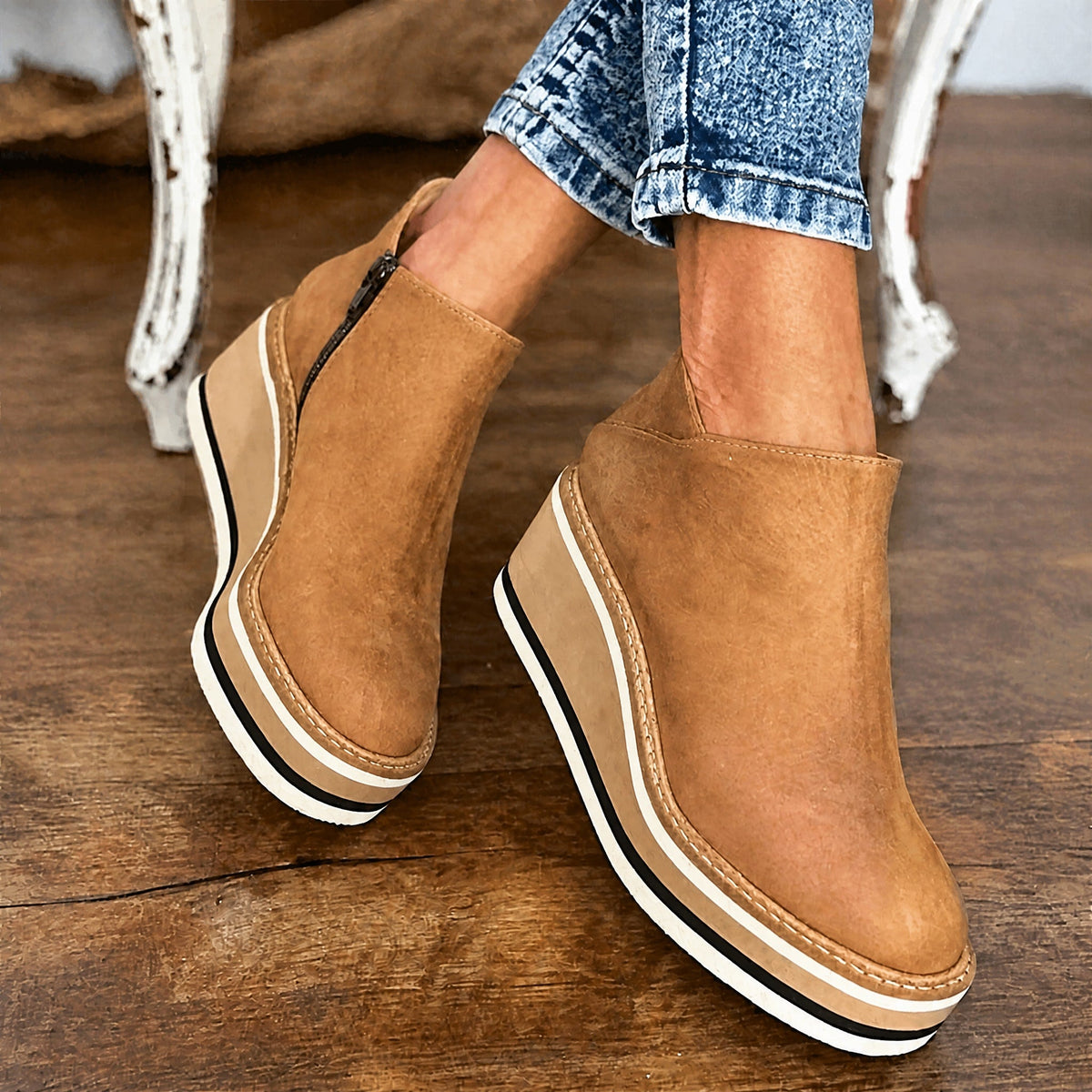 Jeanne - Women's Wedge Platform Ankle Boots with Side Zipper - Boots - Khaki - Parker&Brooks