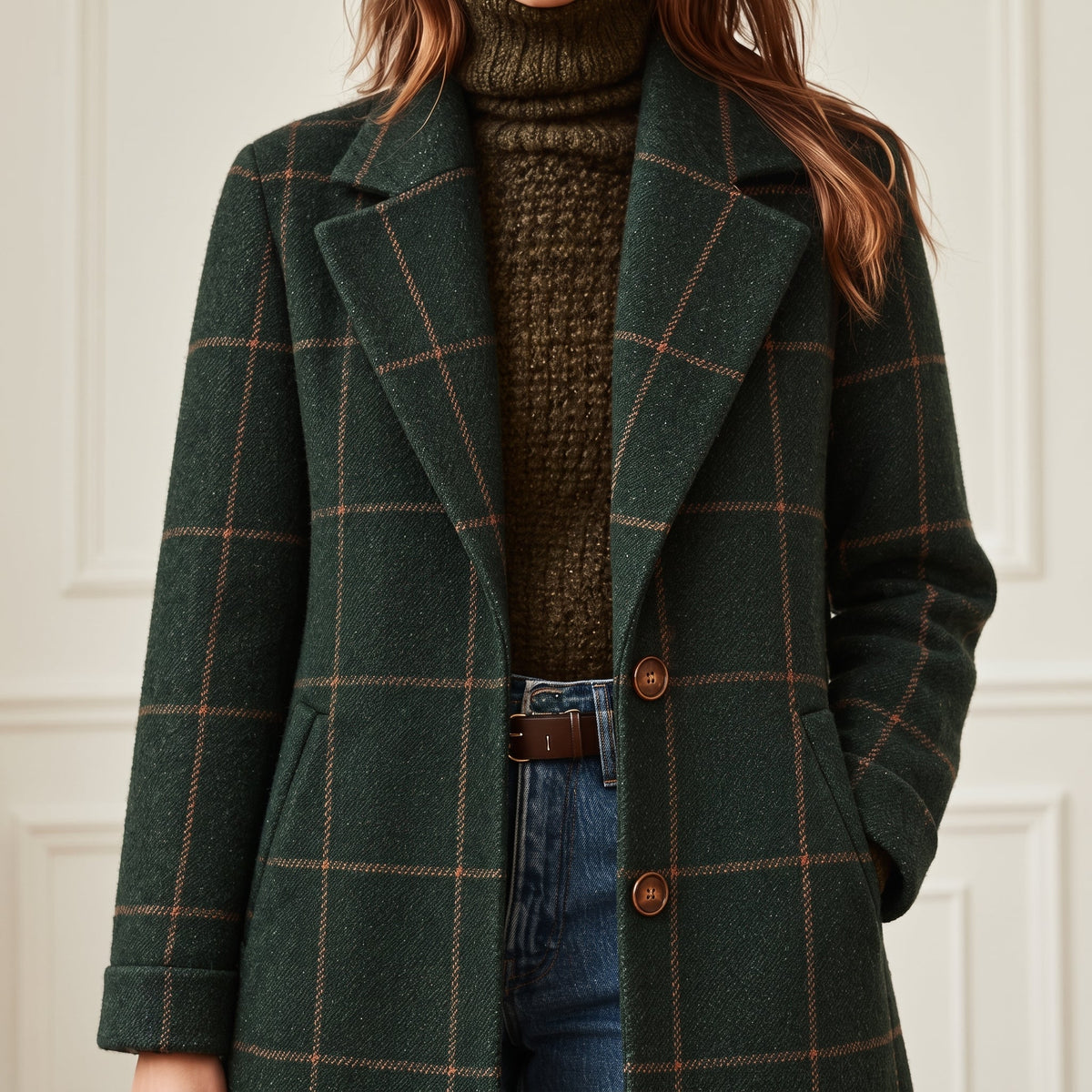 Jennifer - Women's Checkered Wool-Look Overcoat with Notched Lapel Collar - Overcoats - Dark Green - Parker&Brooks