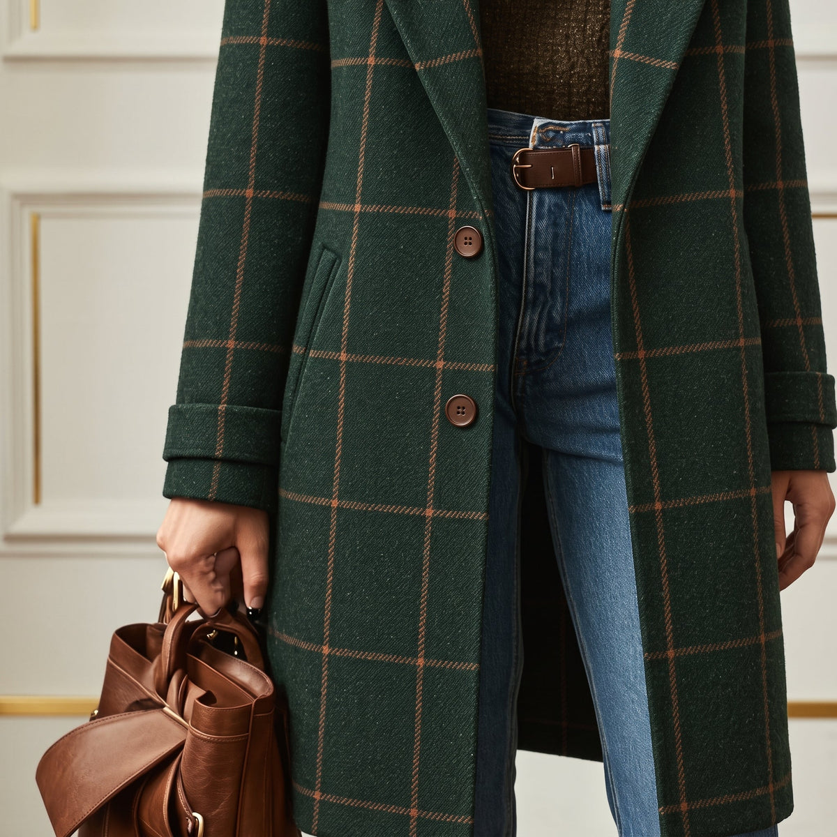 Jennifer - Women's Checkered Wool-Look Overcoat with Notched Lapel Collar - Overcoats - Dark Green - Parker&Brooks