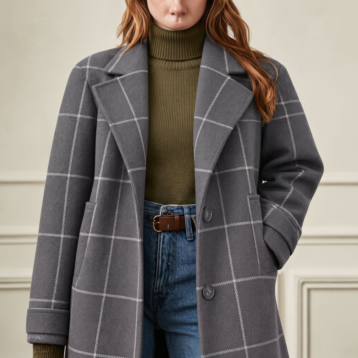 Jennifer - Women's Checkered Wool-Look Overcoat with Notched Lapel Collar - Overcoats - Gray - Parker&Brooks