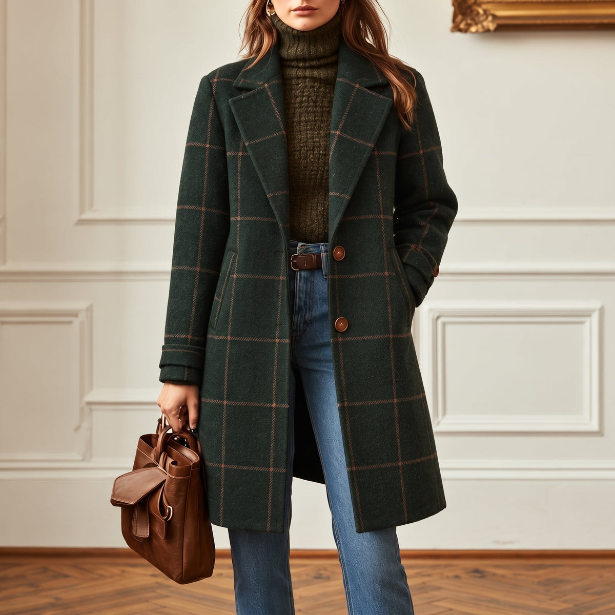Jennifer - Women's Checkered Wool-Look Overcoat with Notched Lapel Collar - Overcoats - Dark Green - Parker&Brooks