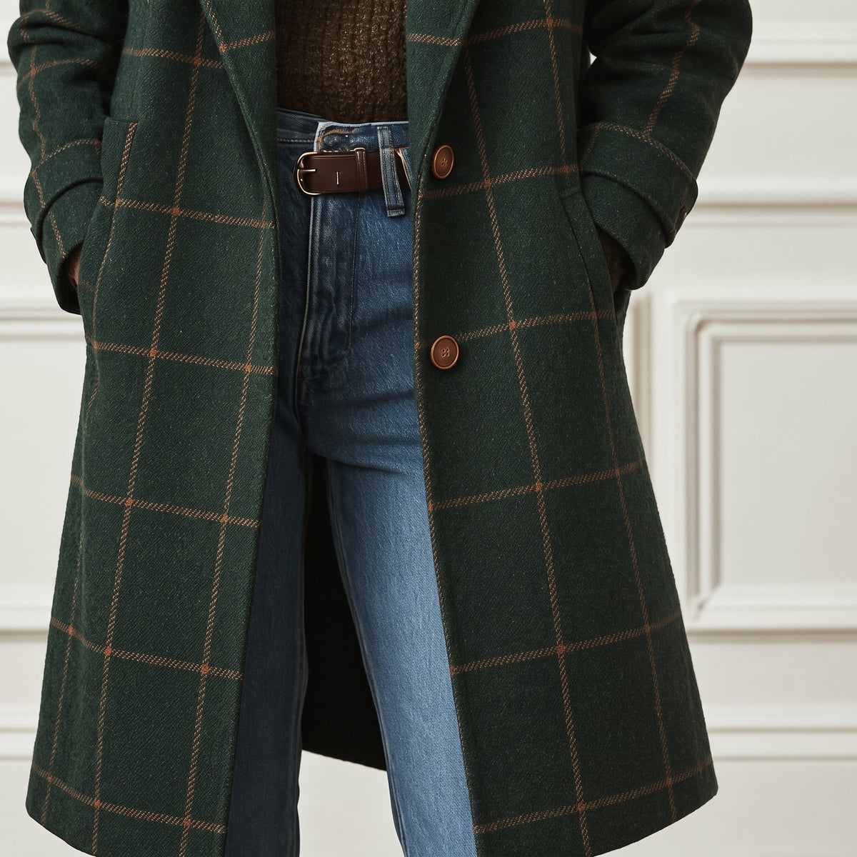 Jennifer - Women's Checkered Wool-Look Overcoat with Notched Lapel Collar - Overcoats - Dark Green - Parker&Brooks