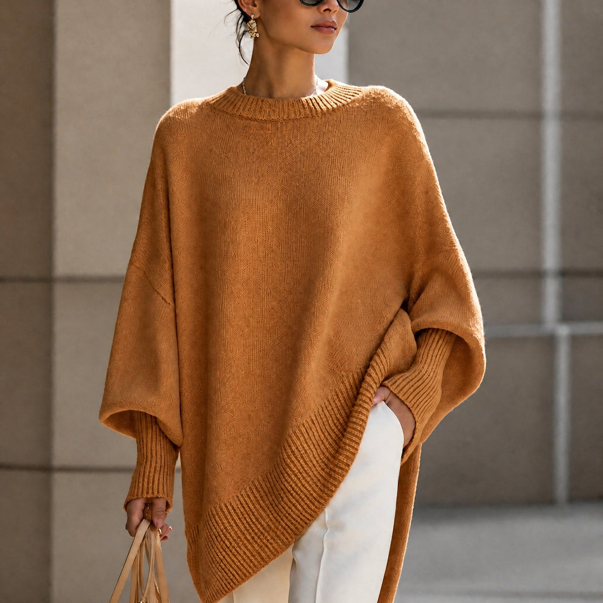 Jennifer - Women's Oversized Asymmetrical Hem Crewneck Sweater - Sweaters - Brown - Parker&Brooks