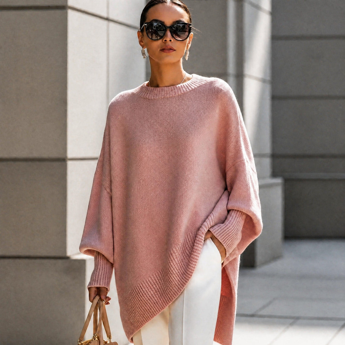 Jennifer - Women's Oversized Asymmetrical Hem Crewneck Sweater - Sweaters - Pink - Parker&Brooks