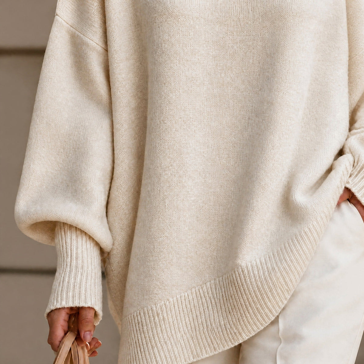 Jennifer - Women's Oversized Asymmetrical Hem Crewneck Sweater - Sweaters - Beige - Parker&Brooks