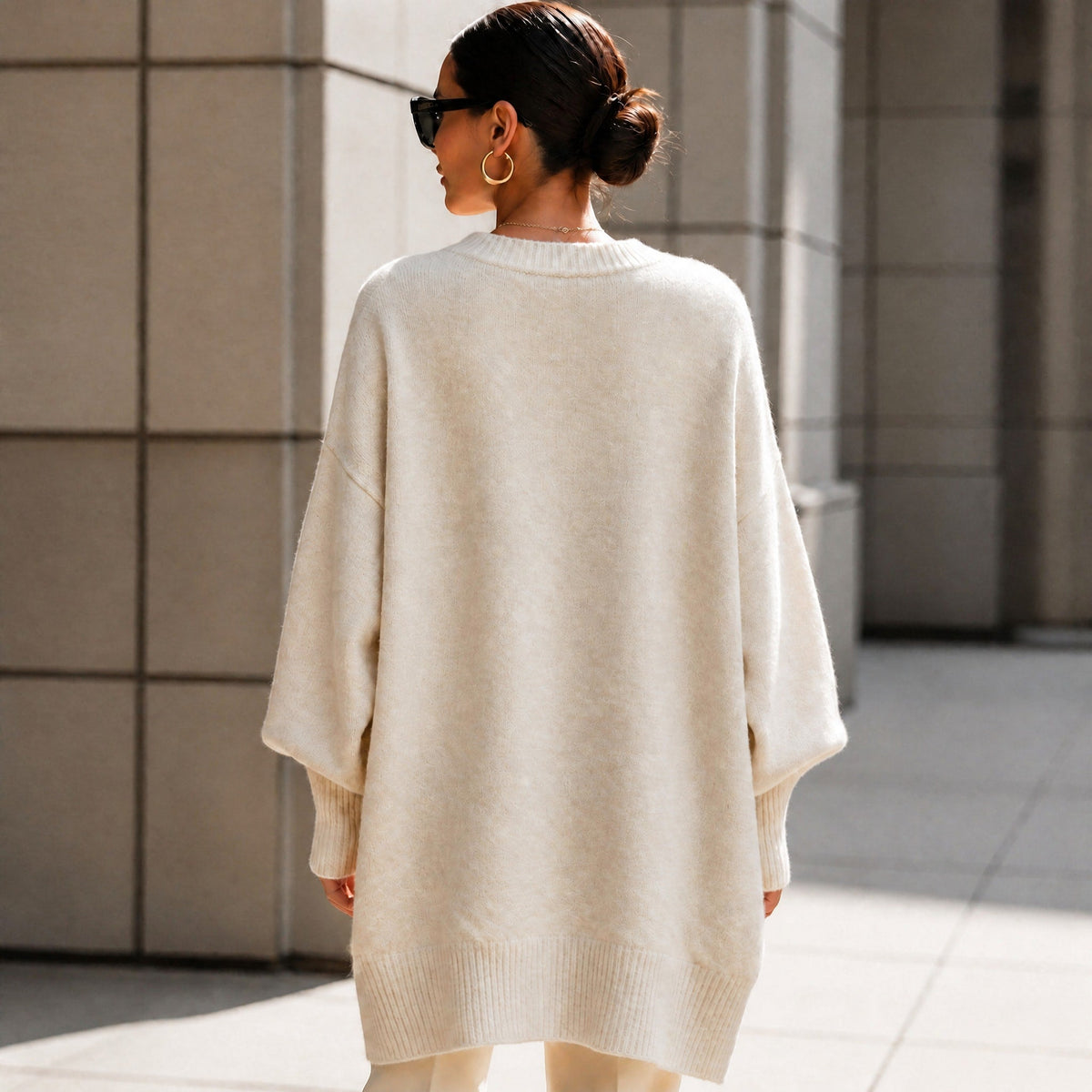 Jennifer - Women's Oversized Asymmetrical Hem Crewneck Sweater - Sweaters - Beige - Parker&Brooks