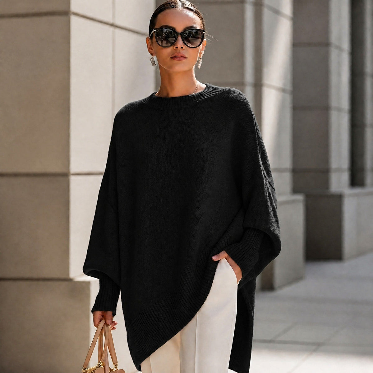 Jennifer - Women's Oversized Asymmetrical Hem Crewneck Sweater - Sweaters - Black - Parker&Brooks