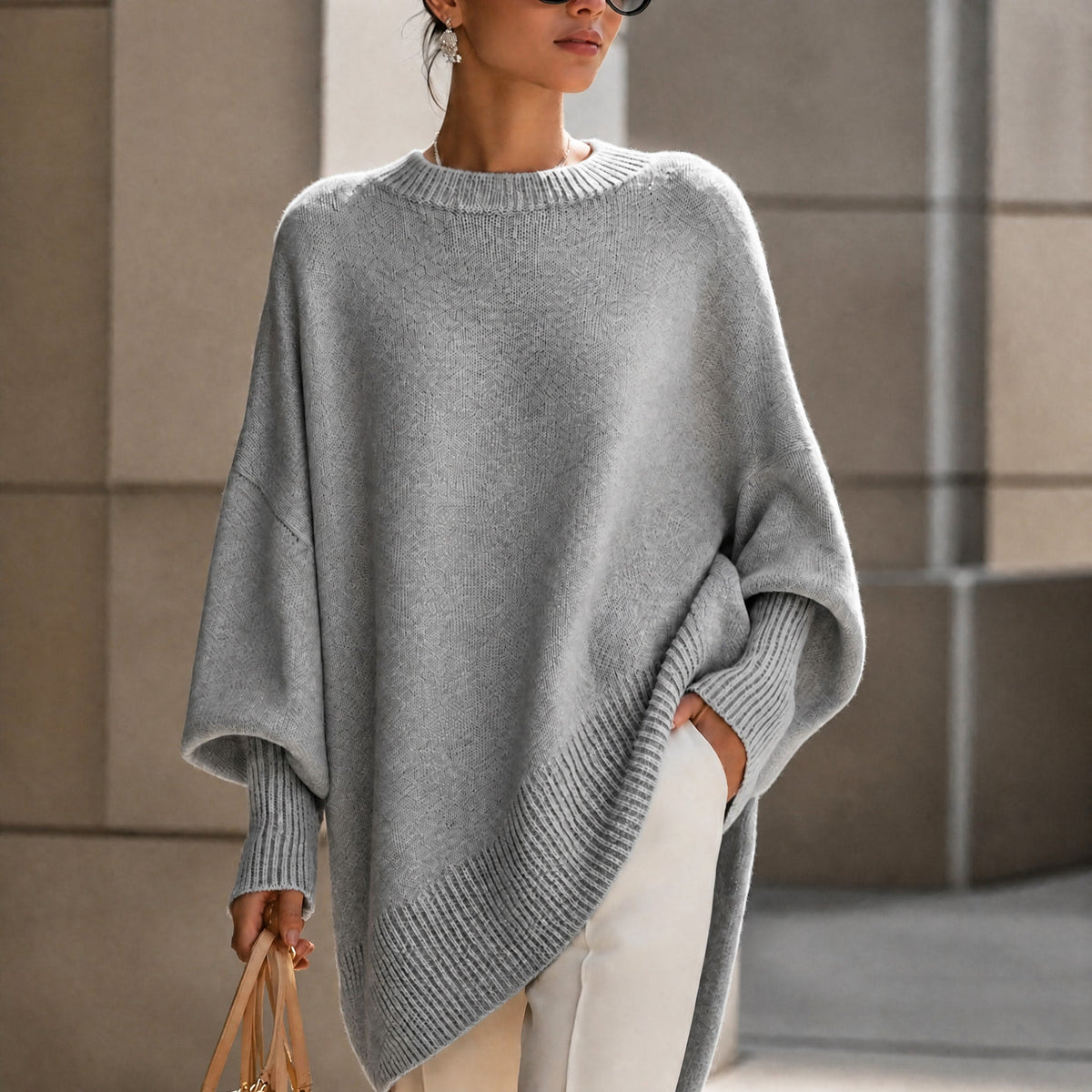 Jennifer - Women's Oversized Asymmetrical Hem Crewneck Sweater - Sweaters - Gray - Parker&Brooks