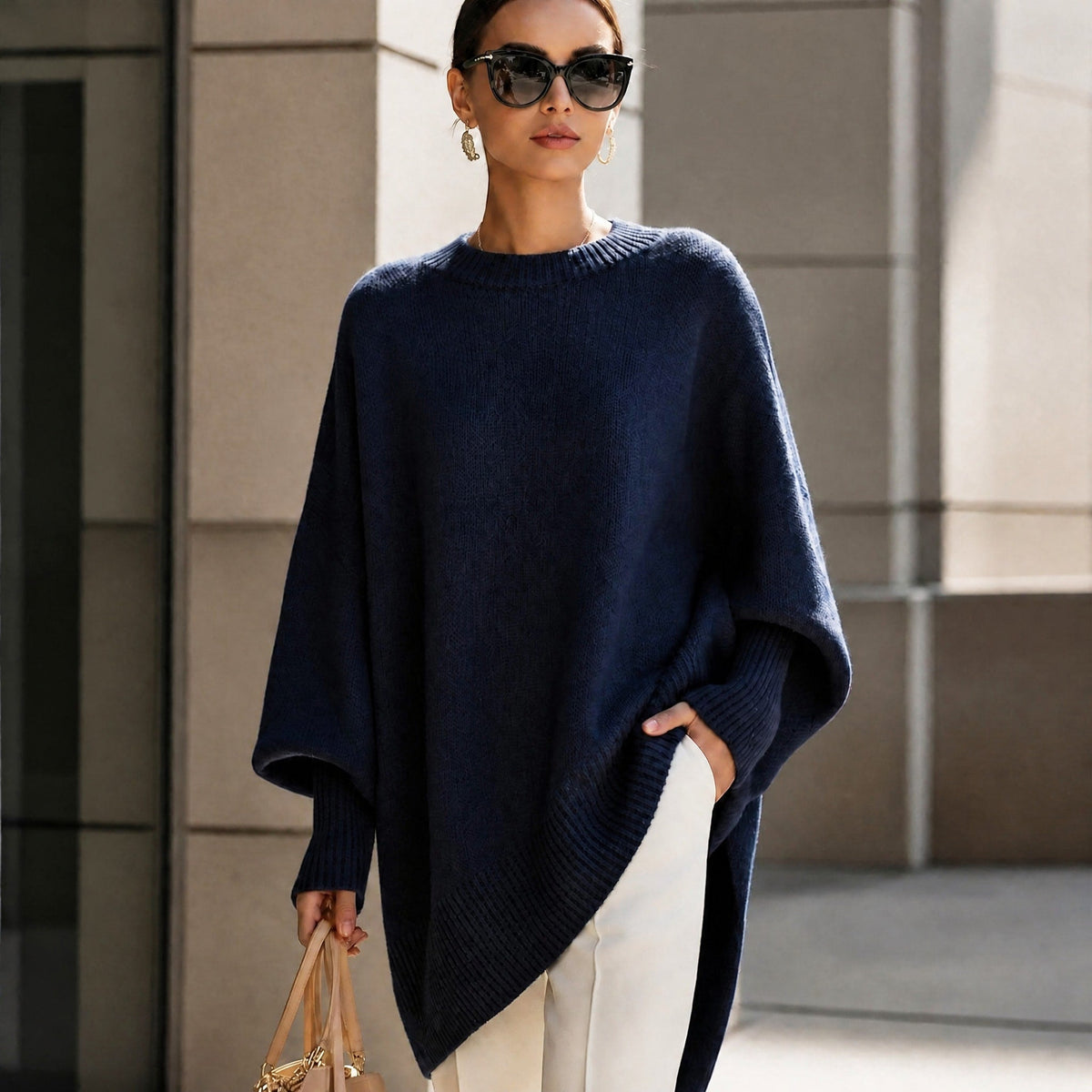 Jennifer - Women's Oversized Asymmetrical Hem Crewneck Sweater - Sweaters - Navy Blue - Parker&Brooks