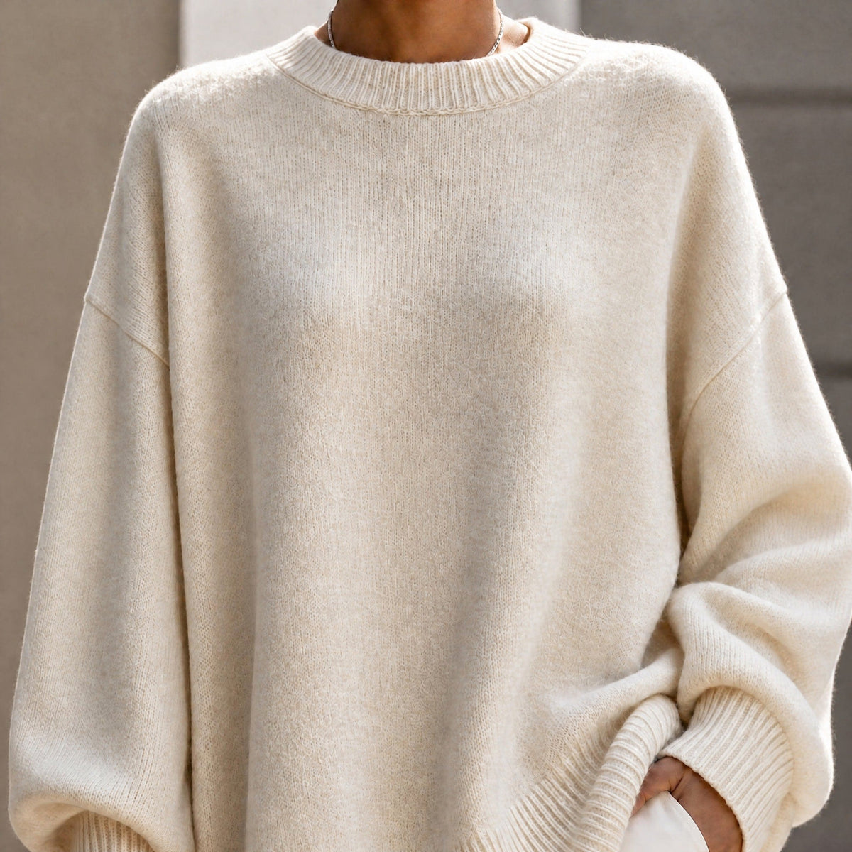 Jennifer - Women's Oversized Asymmetrical Hem Crewneck Sweater - Sweaters - Beige - Parker&Brooks