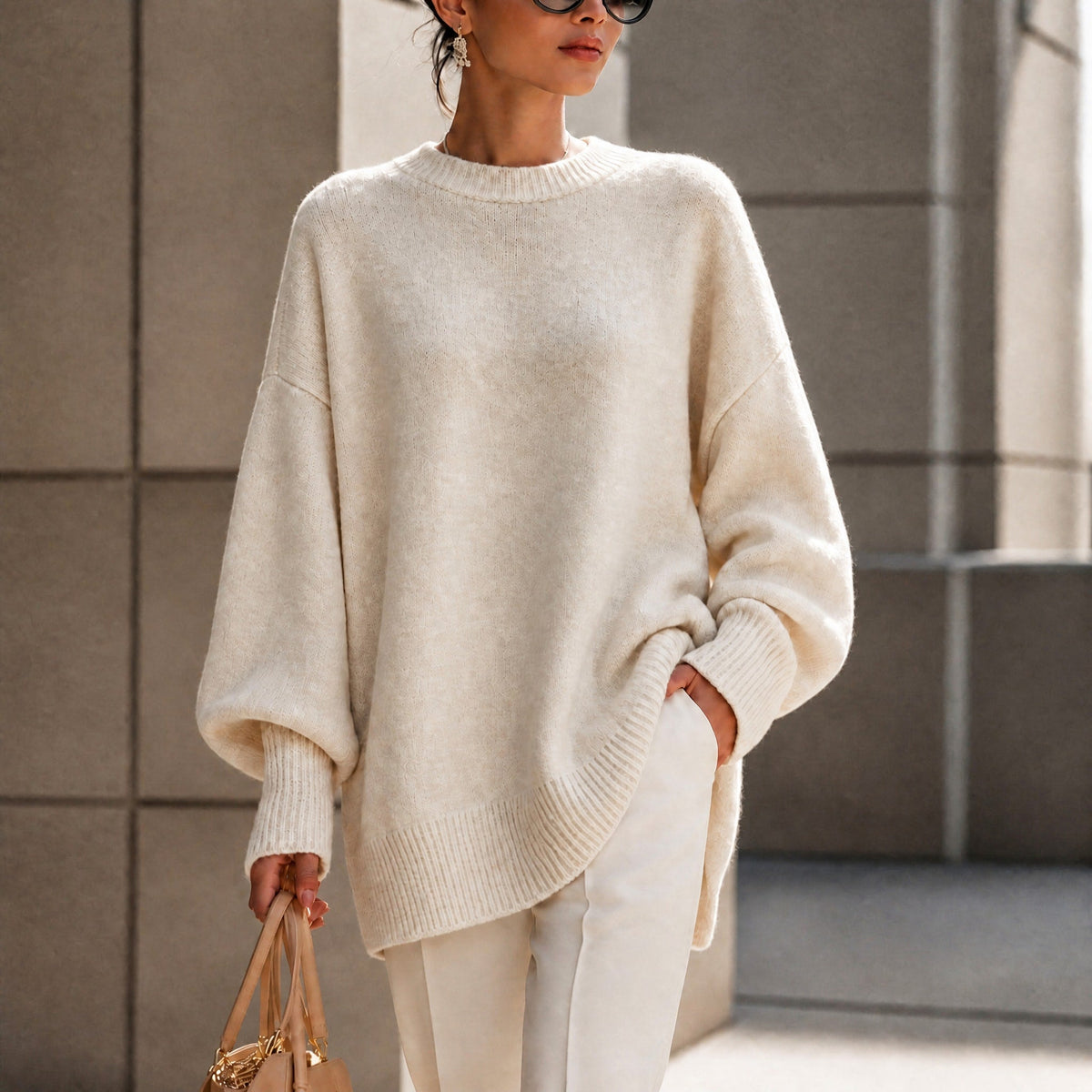 Jennifer - Women's Oversized Asymmetrical Hem Crewneck Sweater - Sweaters - Beige - Parker&Brooks
