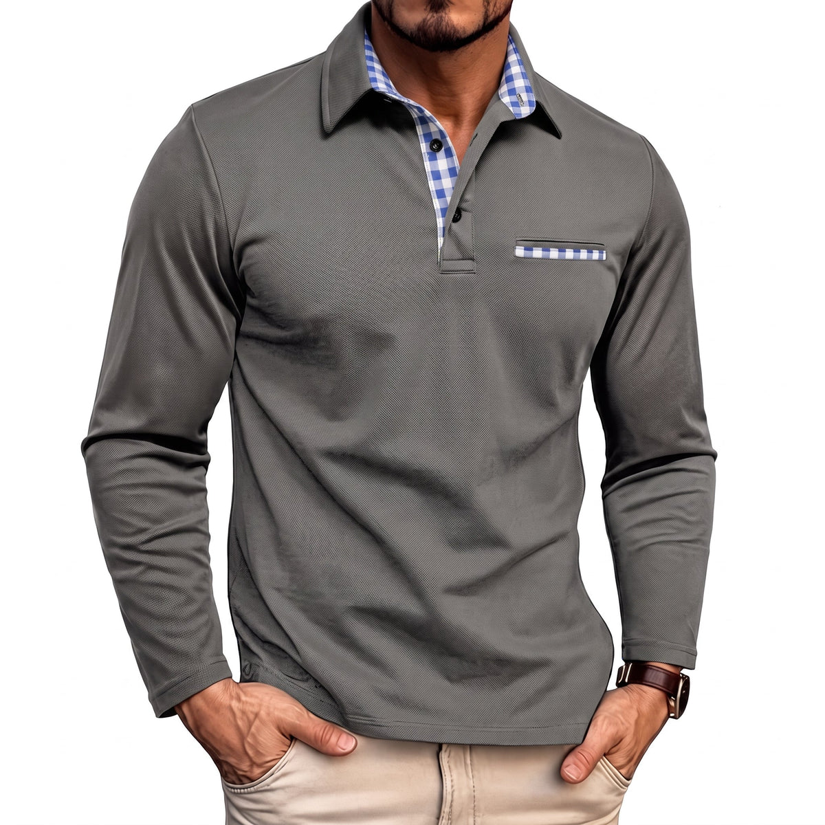 Johann - Men's Long Sleeve Polo Shirt with Contrast Check Collar - Polos - Gray - Parker&Brooks