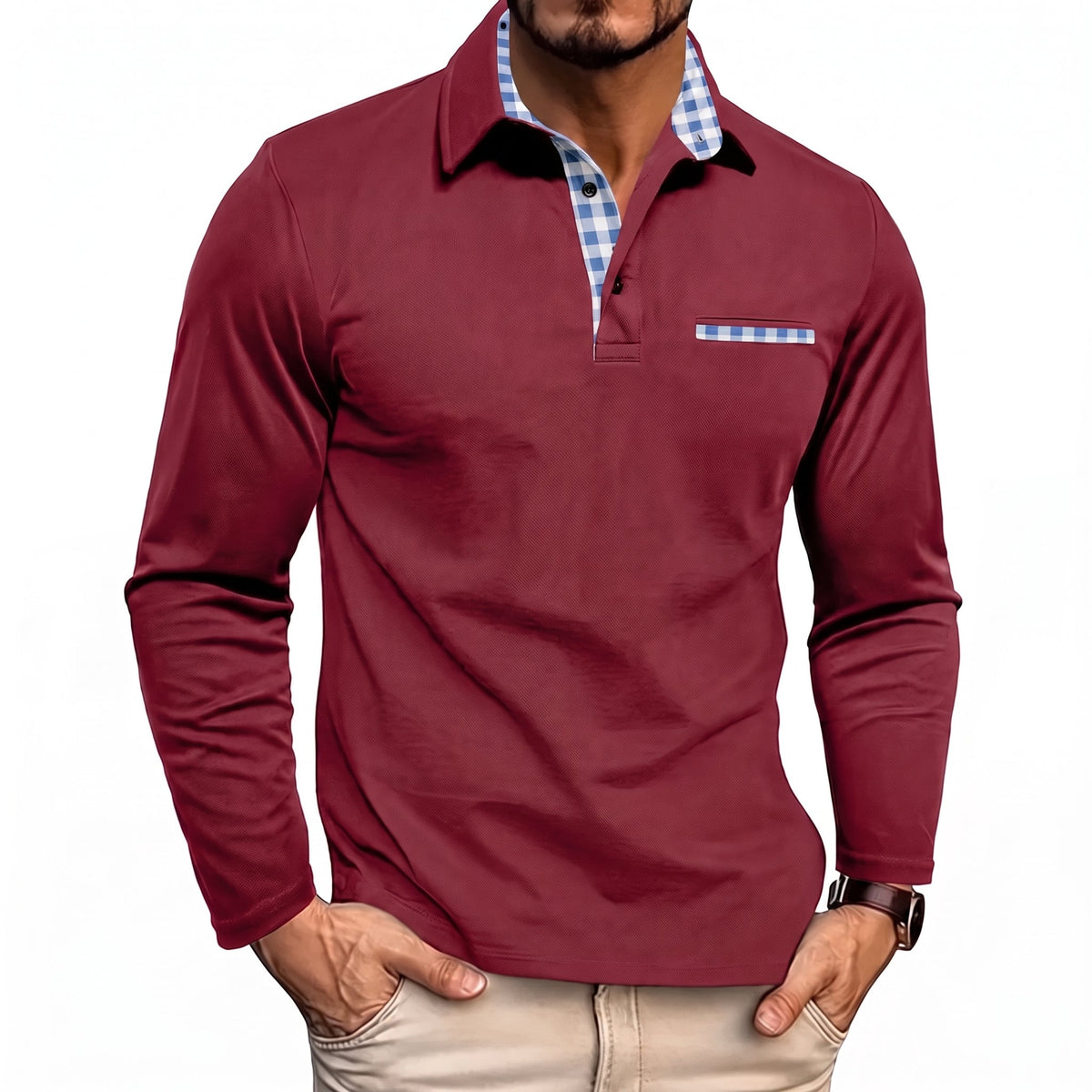 Johann - Men's Long Sleeve Polo Shirt with Contrast Check Collar - Polos - Red - Parker&Brooks