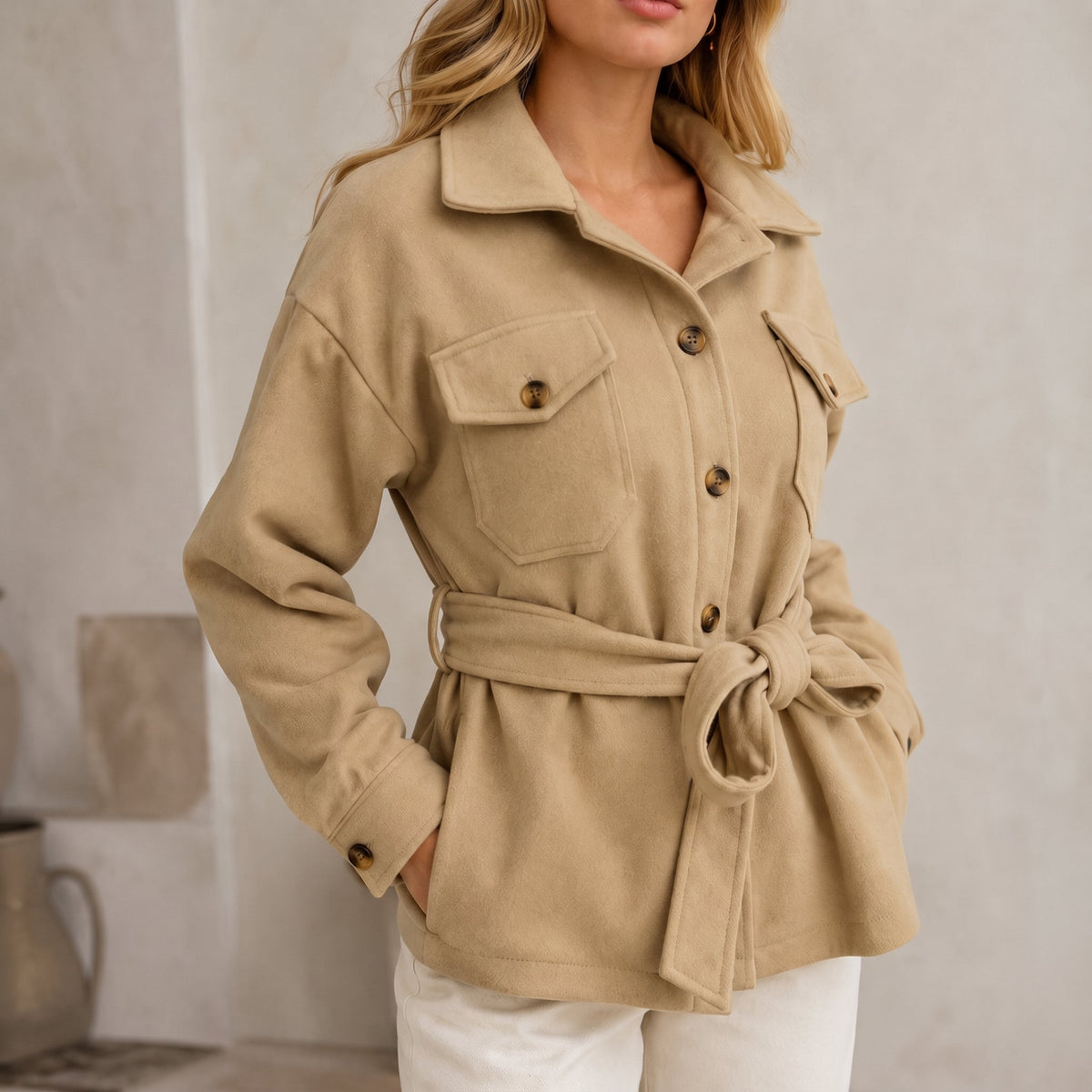 Johanna - Women's Belted Shirt Jacket with Chest Pockets - Jackets - Cream - Parker&Brooks