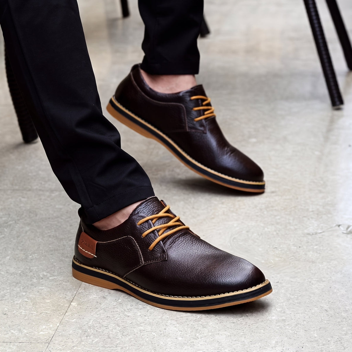 Jonas - Men's Casual Plain Contrast Tan Trim Derby Shoes - Shoes - Black - Parker&Brooks