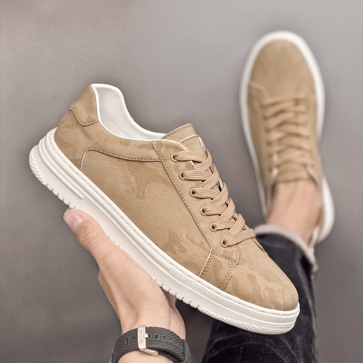 Jonas - Men's Textured Low-Top Lace-Up Sneakers - Sneakers - Beige - Parker&Brooks