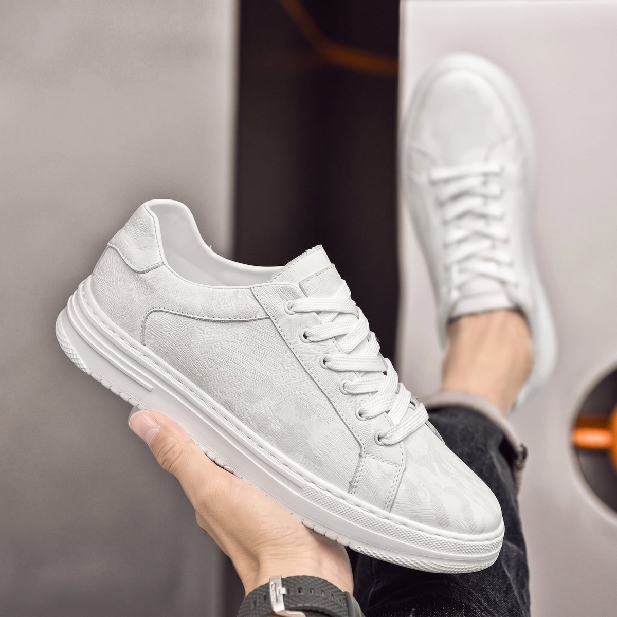 Jonas - Men's Textured Low-Top Lace-Up Sneakers - Sneakers - White - Parker&Brooks