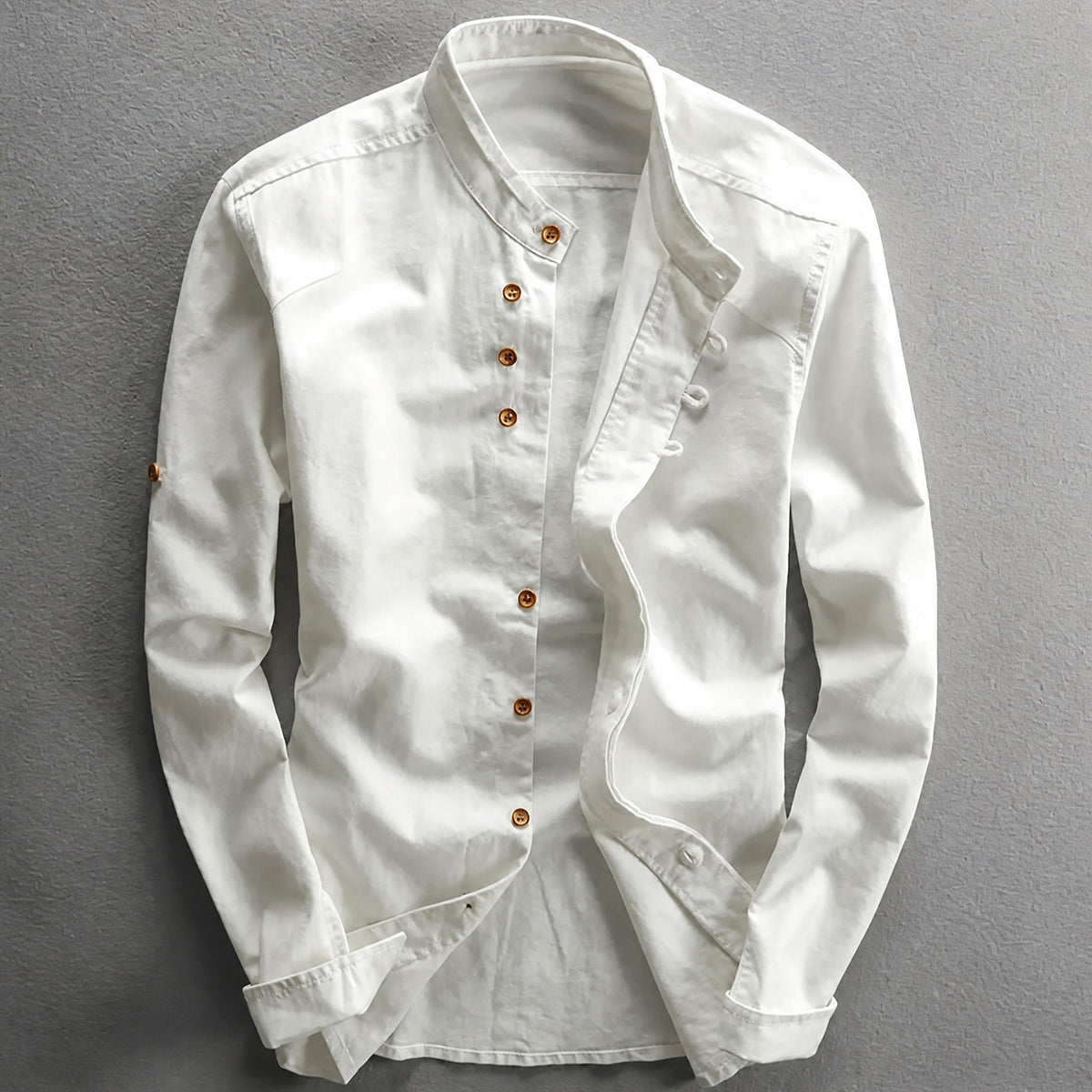 Julian - Men's Stand Collar Button-Down Shirt with Roll-Up Sleeves - Shirts - White - Parker&Brooks