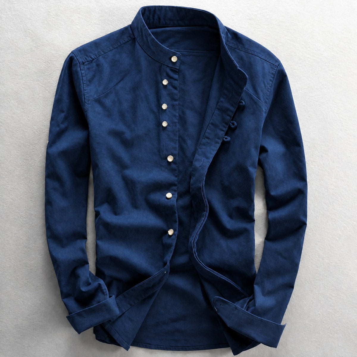 Julian - Men's Stand Collar Button-Down Shirt with Roll-Up Sleeves - Shirts - Navy Blue - Parker&Brooks