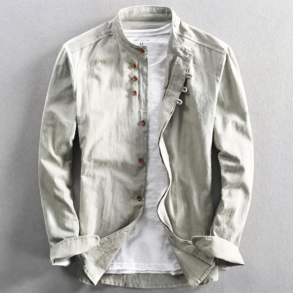 Julian - Men's Stand Collar Button-Down Shirt with Roll-Up Sleeves - Shirts - Gray - Parker&Brooks