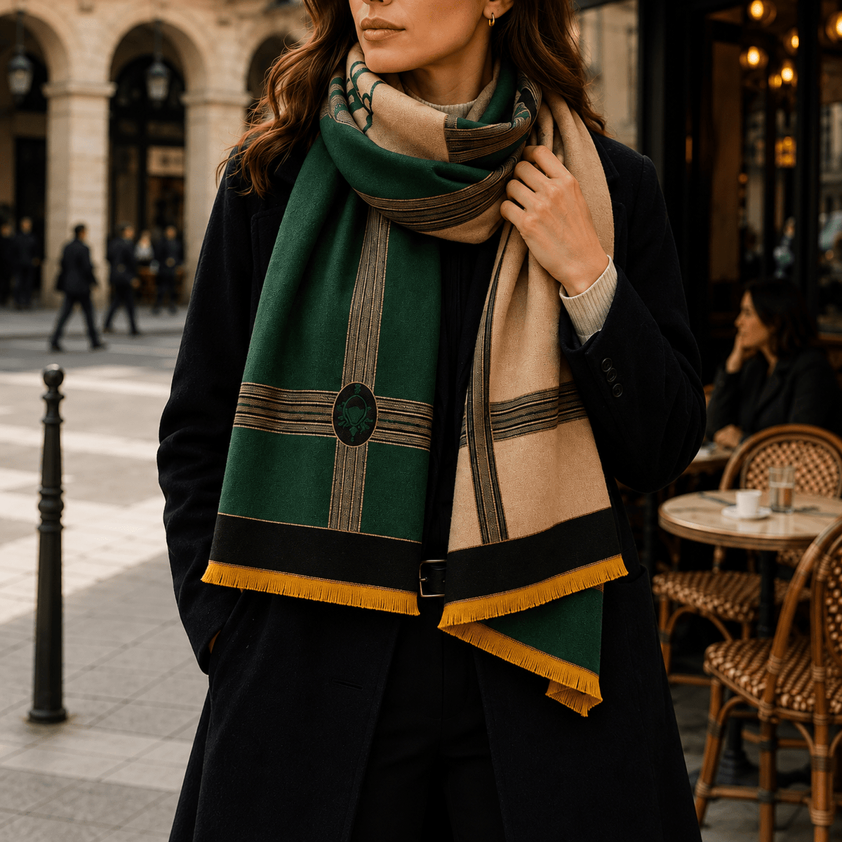 Juliette – Women’s Color Block Winter Scarf with Printed Border and Fringe Trim - Scarves & Shawls - Green - Sarvento