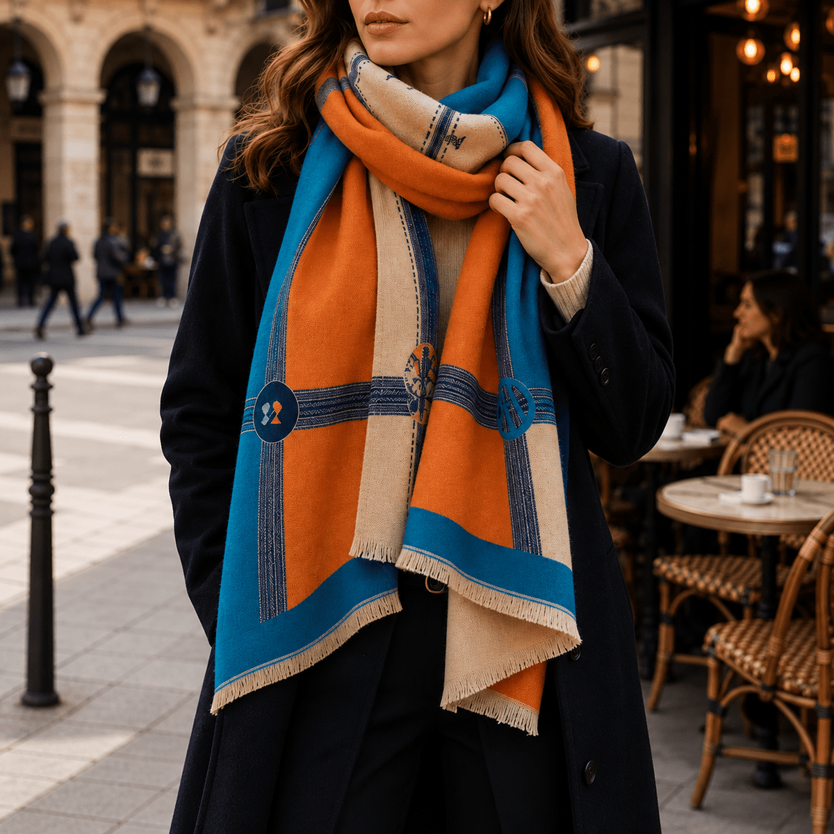 Juliette – Women’s Color Block Winter Scarf with Printed Border and Fringe Trim - Scarves & Shawls - Blue - Sarvento