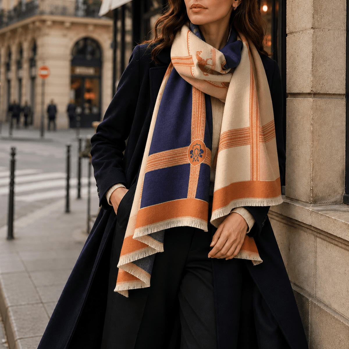 Juliette – Women’s Color Block Winter Scarf with Printed Border and Fringe Trim - Scarves & Shawls - Navy Blue - Sarvento