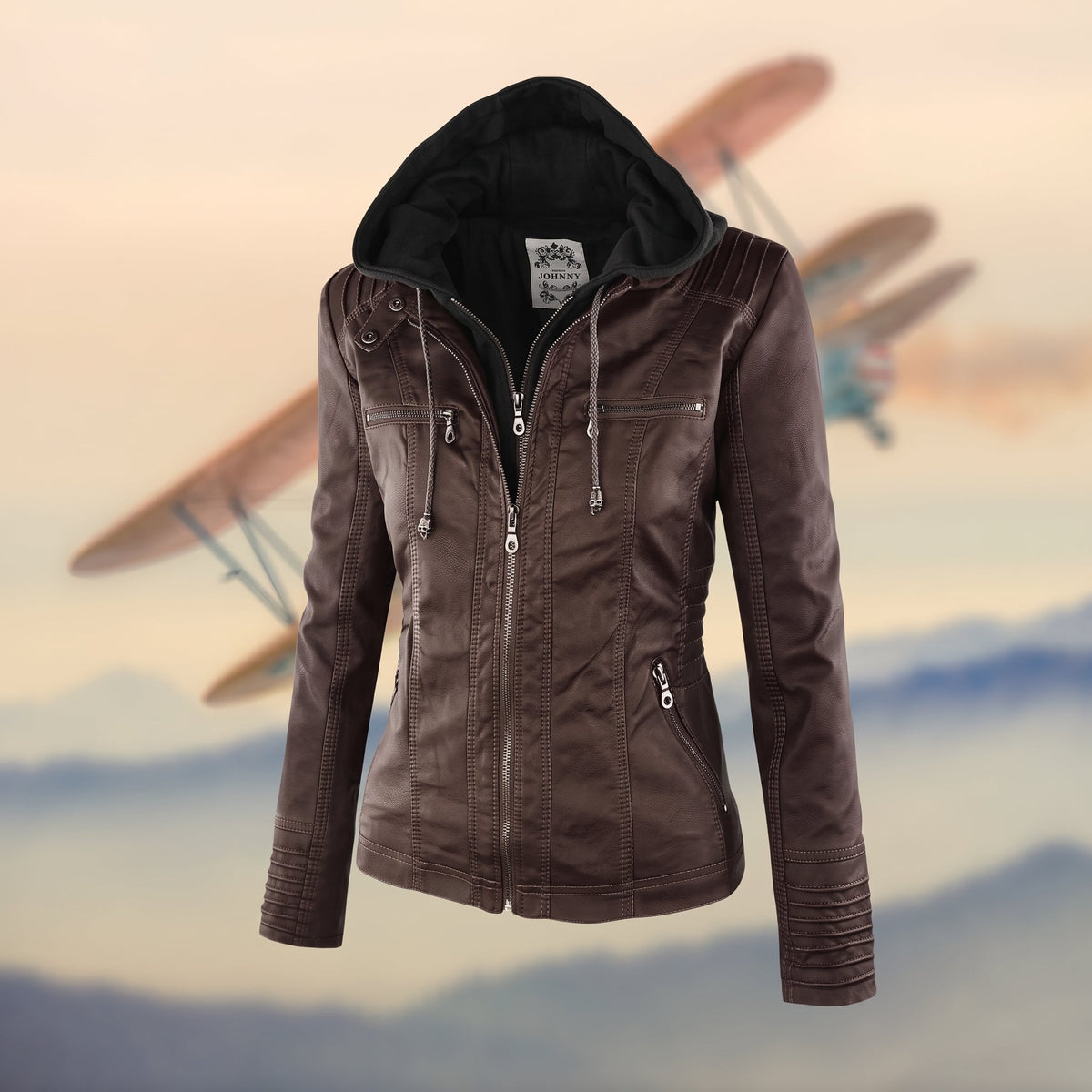 Karolina - Women's Hooded Fitted Jacket with Zip Pockets - Motorcycle Outerwear - Dark Brown - Parker&Brooks