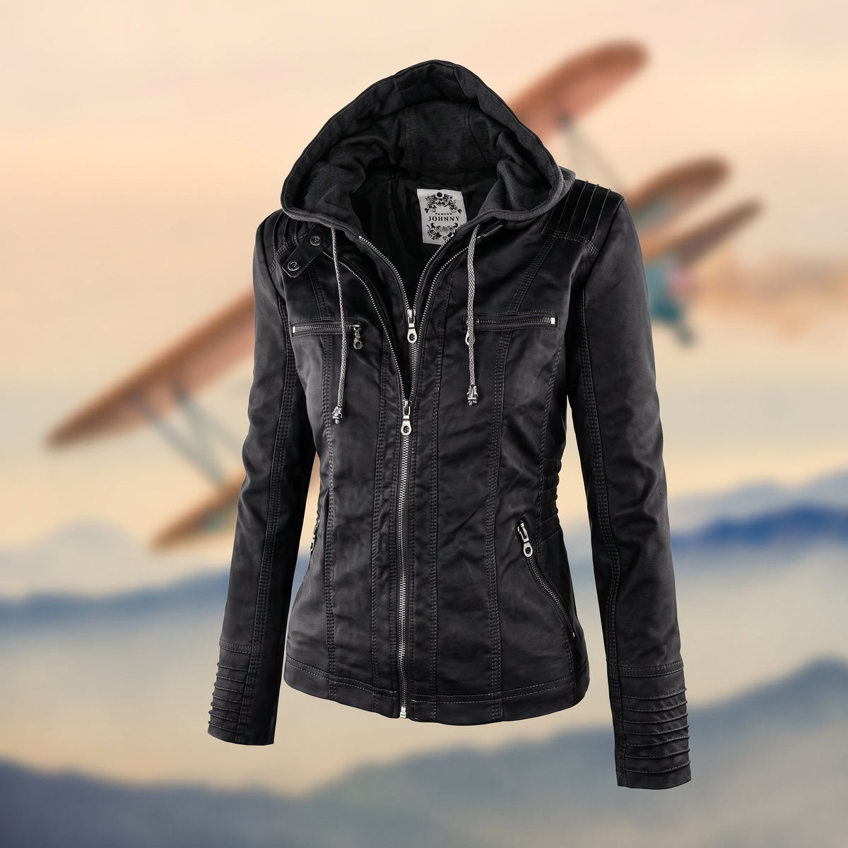 Karolina - Women's Hooded Fitted Jacket with Zip Pockets - Motorcycle Outerwear - Black - Parker&Brooks