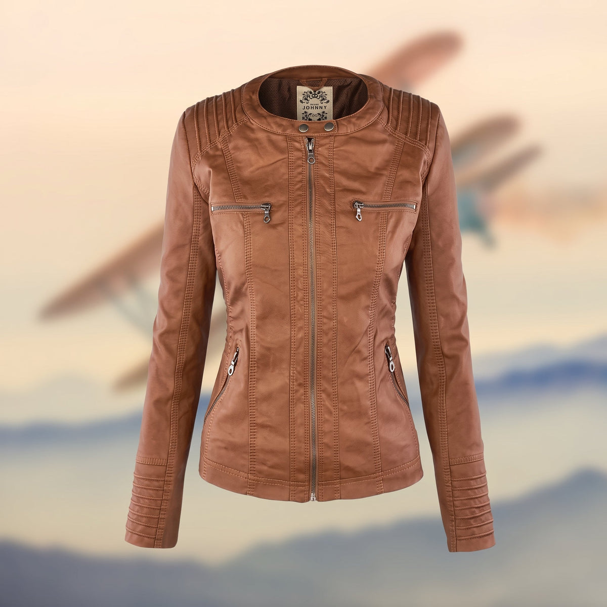 Karolina - Women's Hooded Fitted Jacket with Zip Pockets - Motorcycle Outerwear - Dark Brown - Parker&Brooks