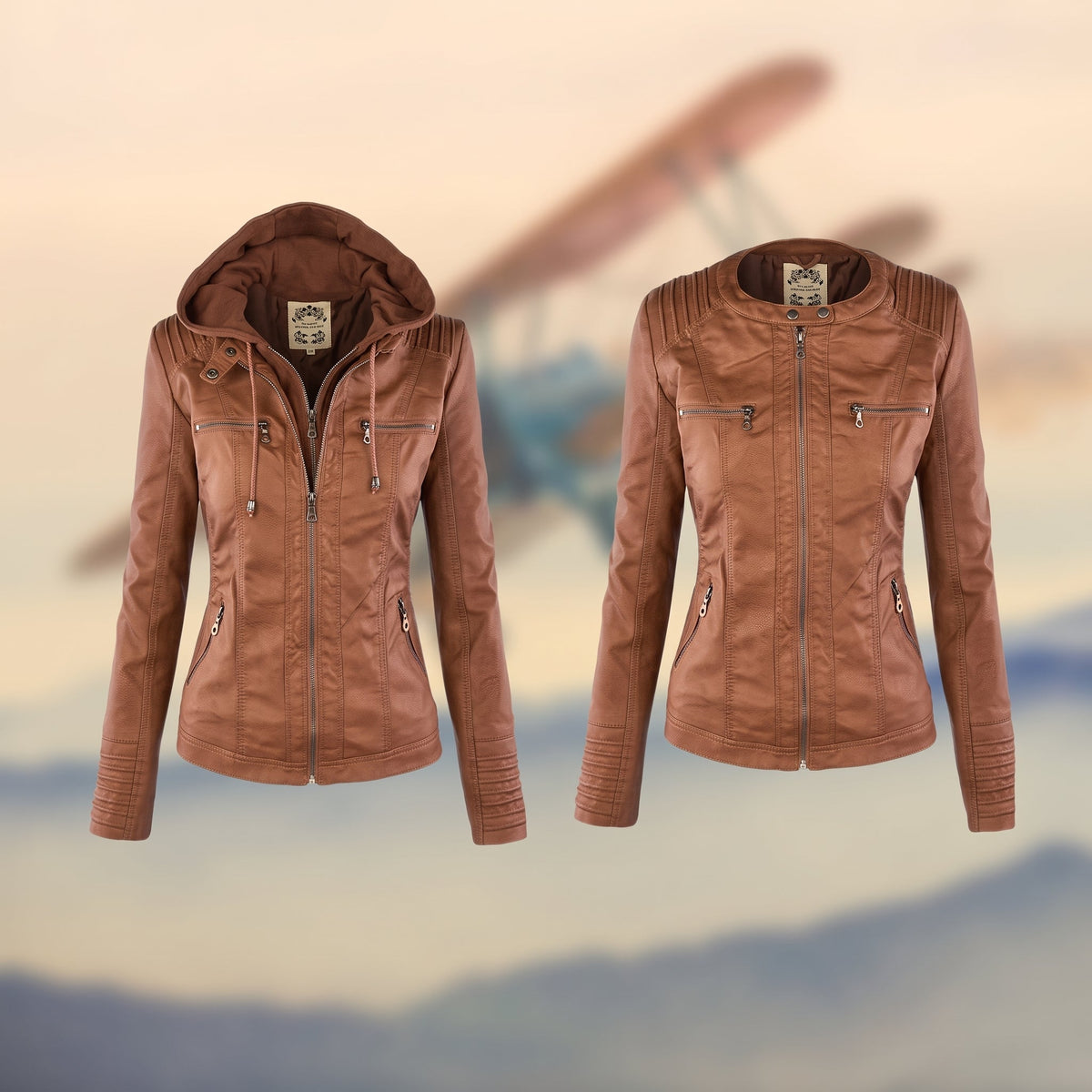 Karolina - Women's Hooded Fitted Jacket with Zip Pockets - Motorcycle Outerwear - Beige - Parker&Brooks