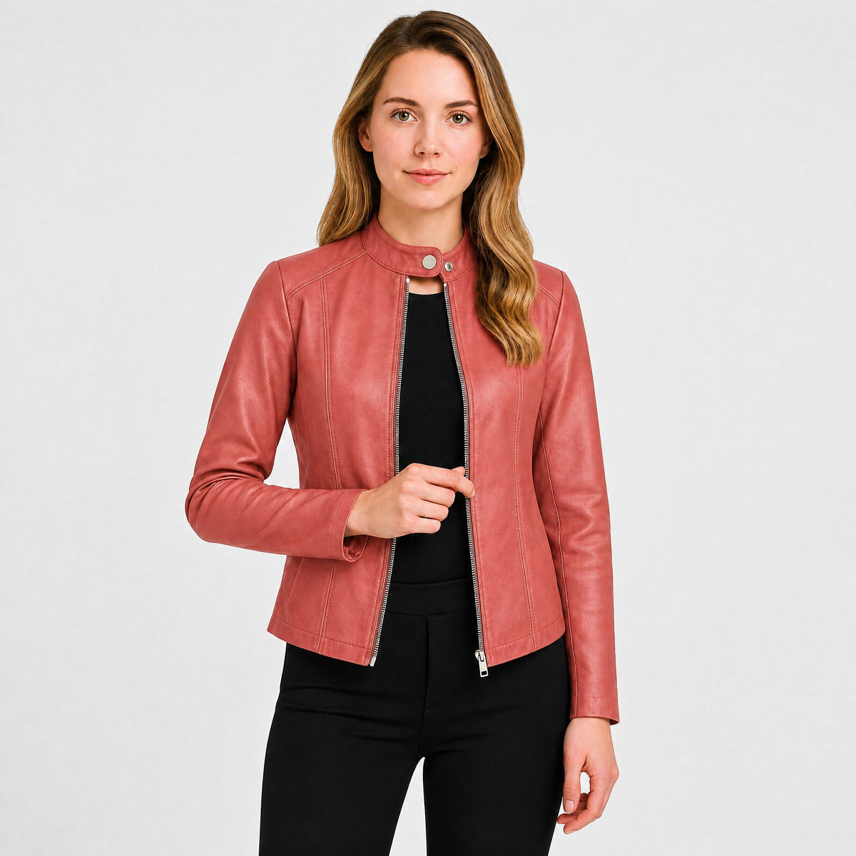 Klara - Women's Cropped Fitted Moto Jacket with Zip Closure and Snap Collar - Motorcycle Outerwear - Pink - Parker&Brooks