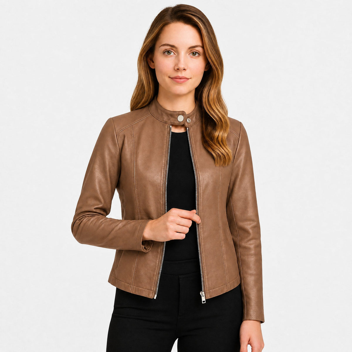 Klara - Women's Cropped Fitted Moto Jacket with Zip Closure and Snap Collar - Motorcycle Outerwear - Khaki - Parker&Brooks