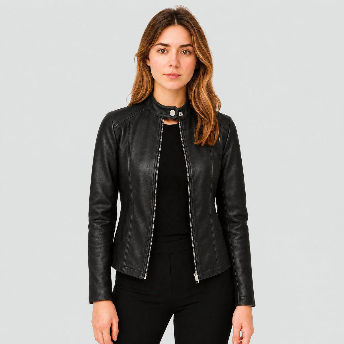 Klara - Women's Cropped Fitted Moto Jacket with Zip Closure and Snap Collar - Motorcycle Outerwear - Black - Parker&Brooks