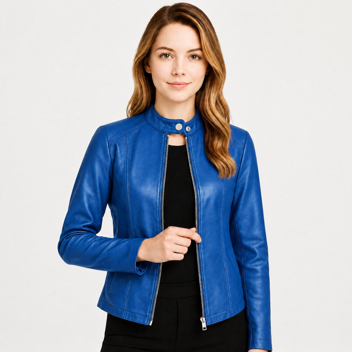 Klara - Women's Cropped Fitted Moto Jacket with Zip Closure and Snap Collar - Motorcycle Outerwear - Blue - Parker&Brooks