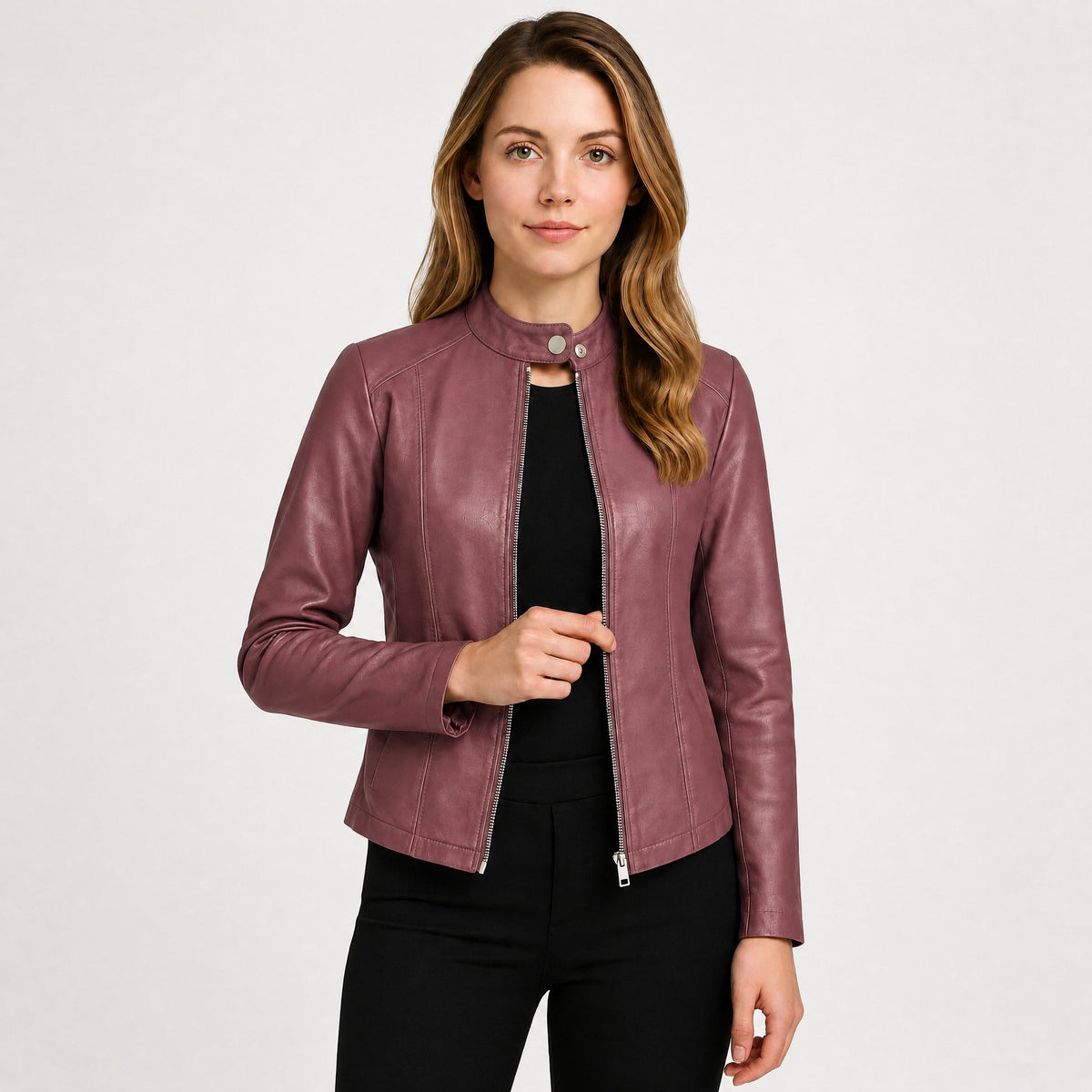 Klara - Women's Cropped Fitted Moto Jacket with Zip Closure and Snap Collar - Motorcycle Outerwear - Purple - Parker&Brooks