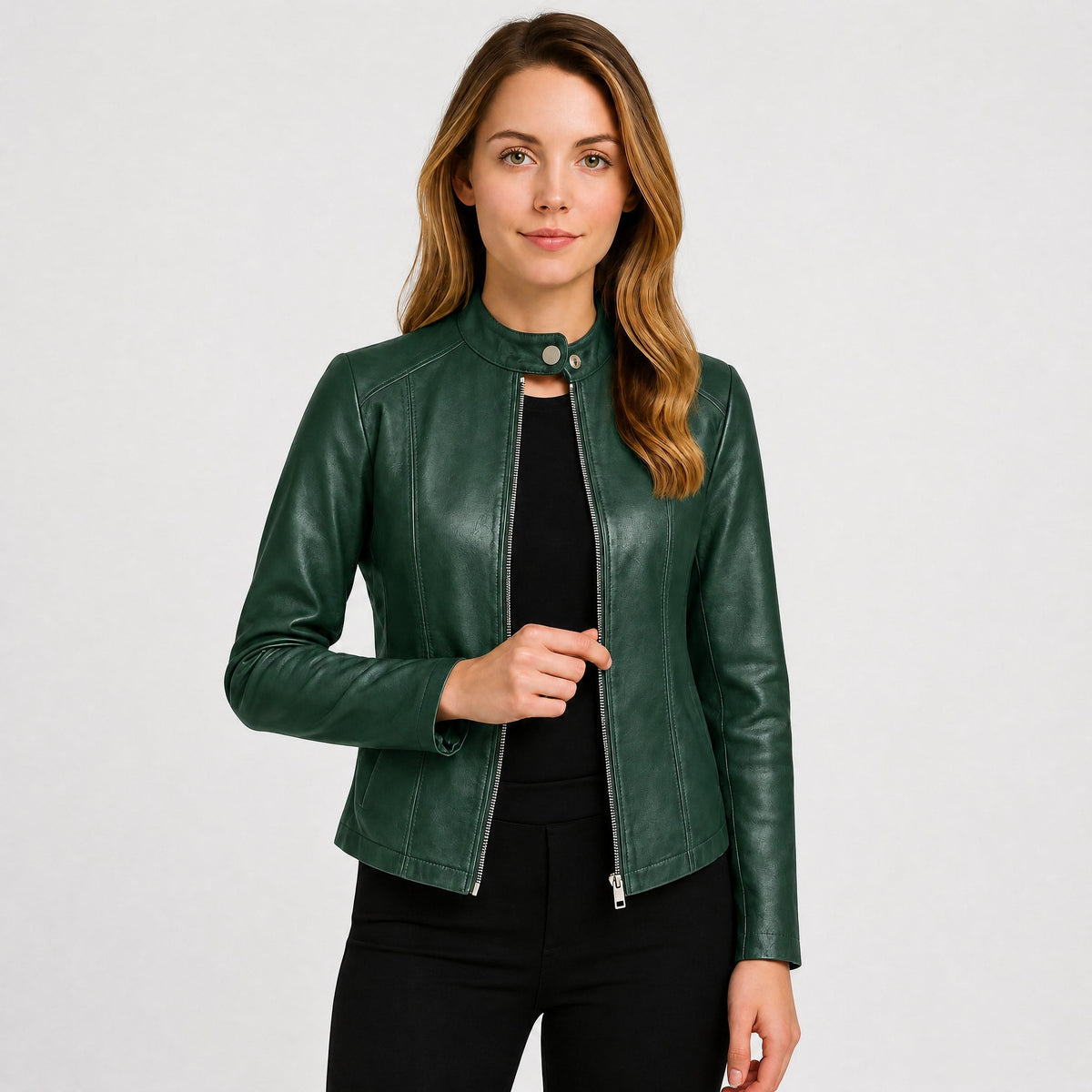 Klara - Women's Cropped Fitted Moto Jacket with Zip Closure and Snap Collar - Motorcycle Outerwear - Green - Parker&Brooks