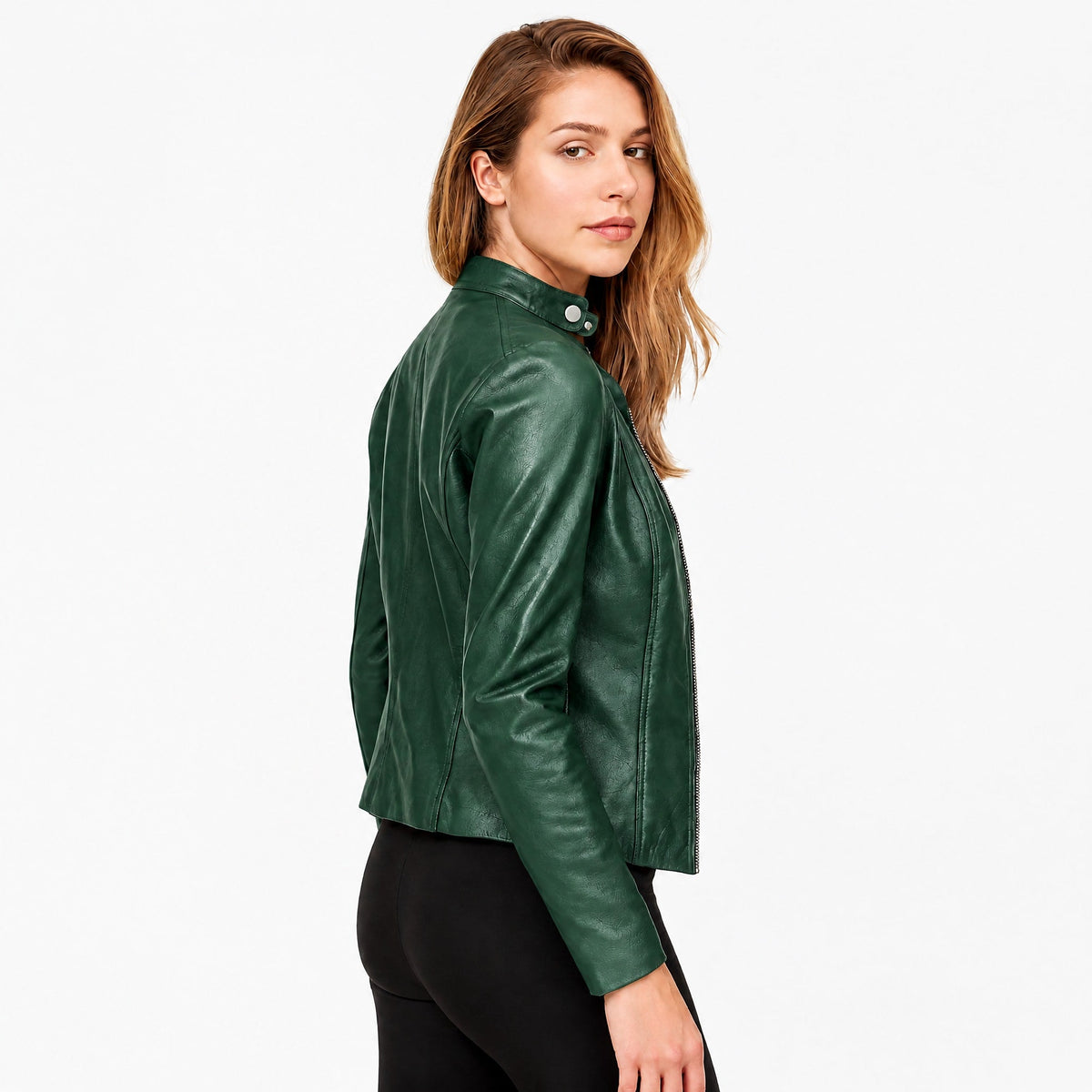 Klara - Women's Cropped Fitted Moto Jacket with Zip Closure and Snap Collar - Motorcycle Outerwear - Green - Parker&Brooks