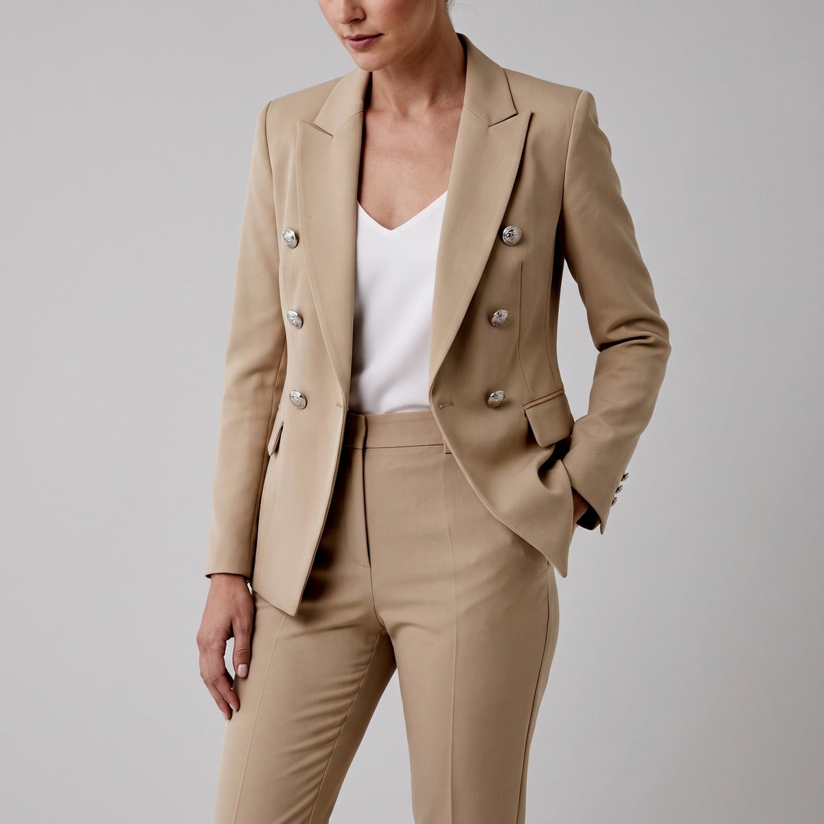 Klara - Women's Double-Breasted Blazer Trouser Set - Outfit Sets - Beige - Parker&Brooks
